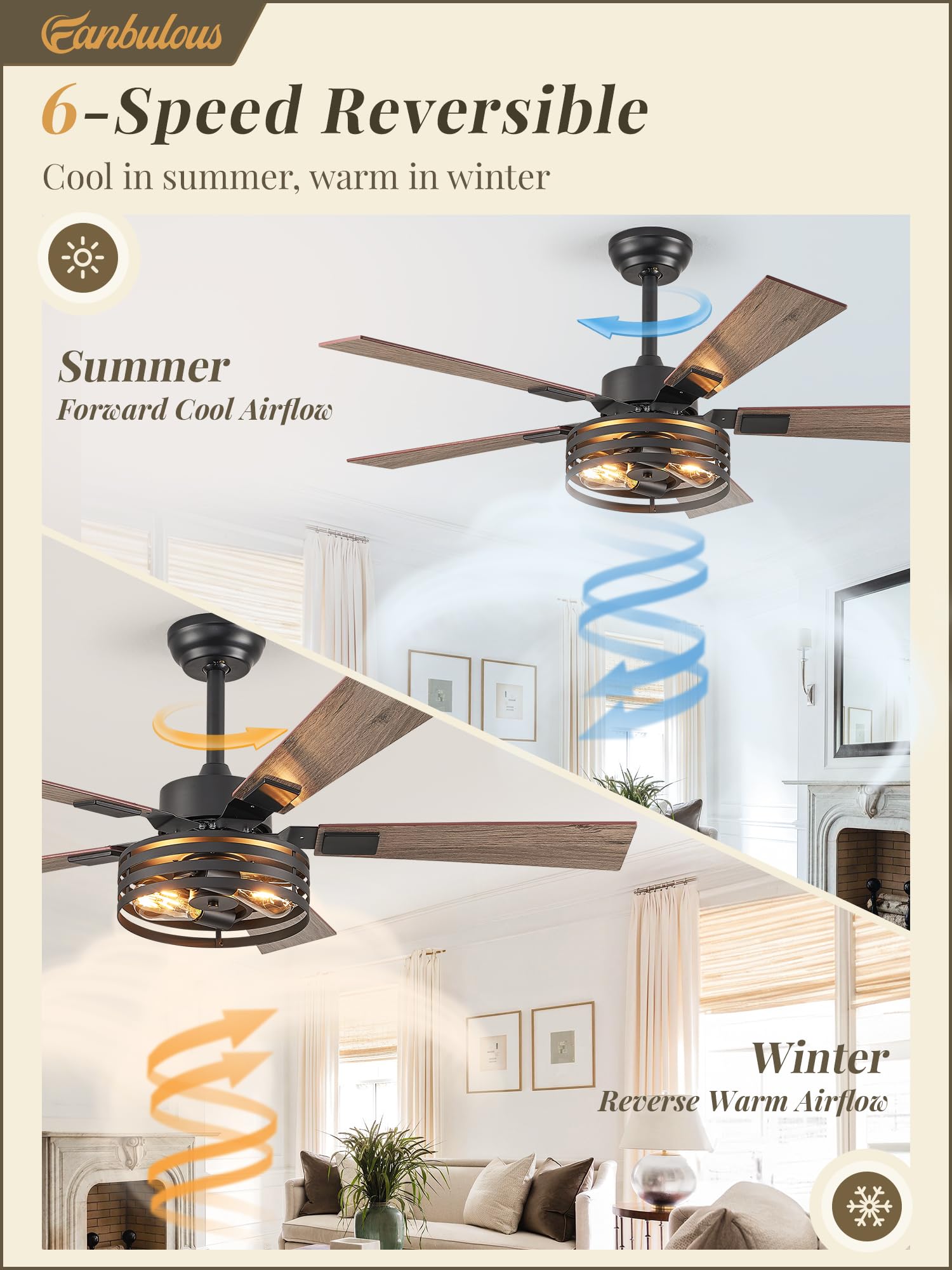 Fanbulous Farmhouse Caged Ceiling Fans With Lights And Remote, 48 Inch Black Bedroom Ceiling Fans For Living Room Kitchen,6 Spee