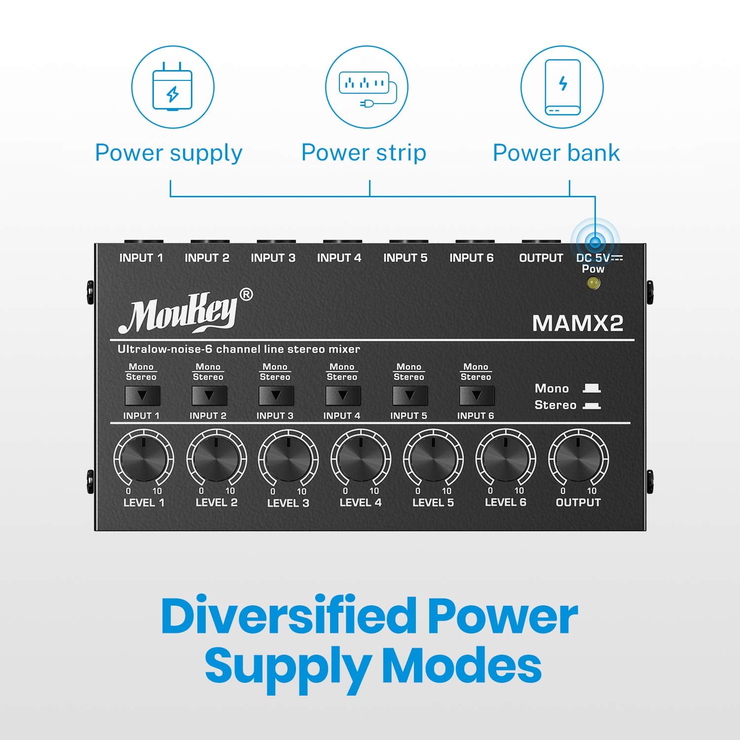 Moukey Audio Mixer Line Mixer, Dc 5V, 6 Stereo Ultra, Low Noise 6 Channel For Sub Mixing, Ideal For Small Clubs Or Bars, As Guitars, Bass, Keyboards Mixer, 2021 New Version Mamx2
