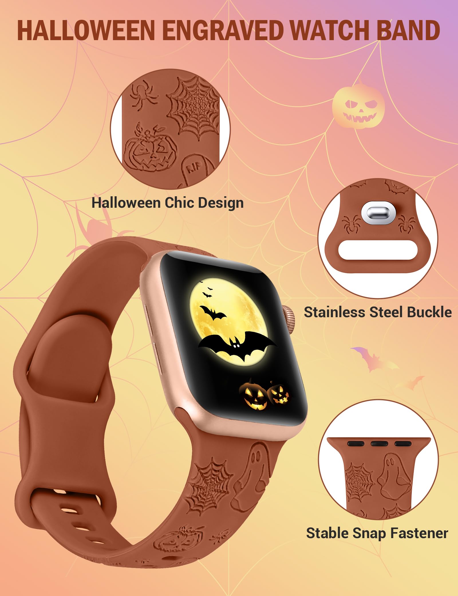 W Rara Halloween Engraved Band Compatible With Apple Watch Band 38Mm 40Mm 41Mm 42Mm 44Mm 45Mm 49Mm For Women Men, Soft Silicone