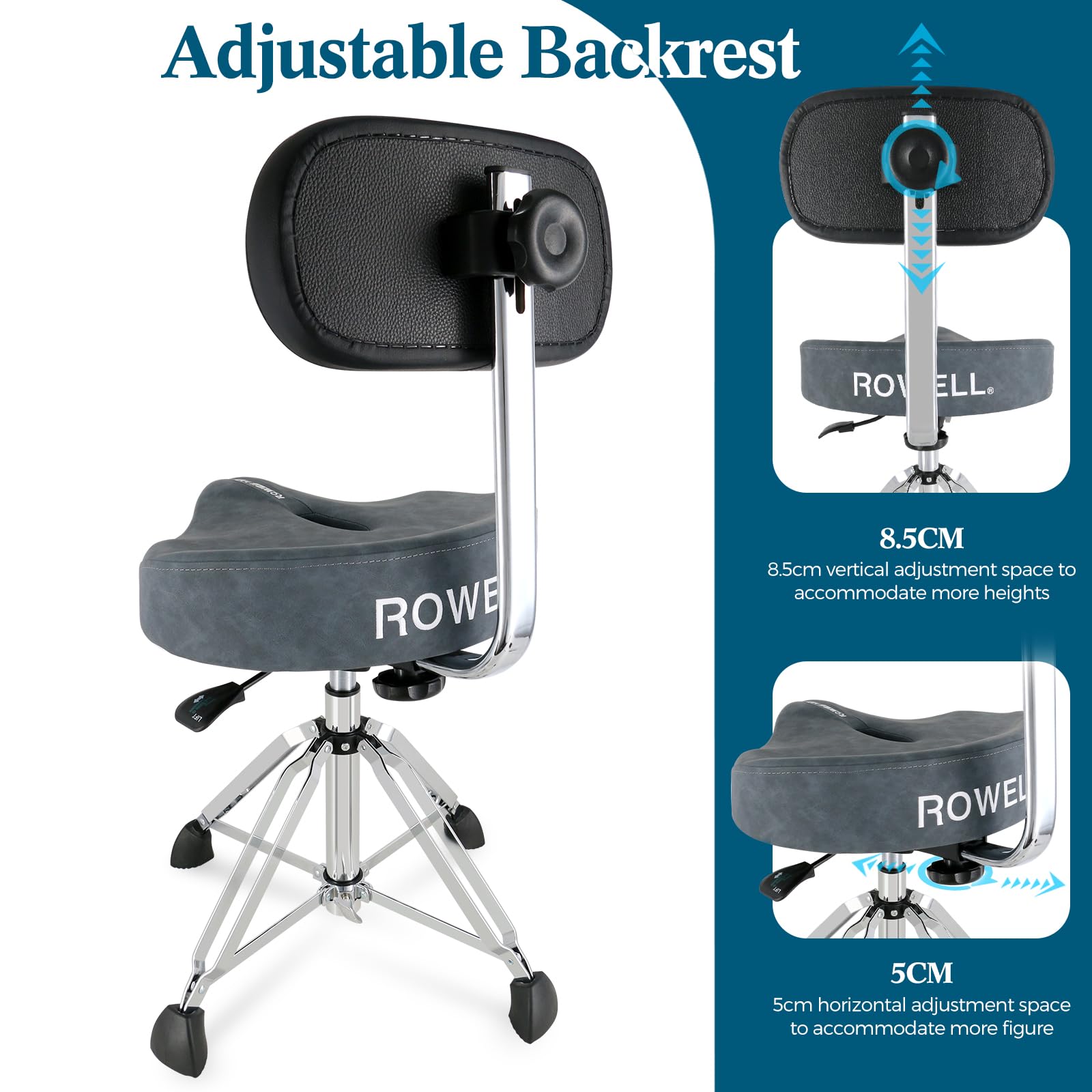 Rowell Drum Throne With Backrest Hydraulic Drum Stool Height Adjustable Airlift Drum Thrones 4 Leg Heavy Duty Drum Seat 4.3 In T