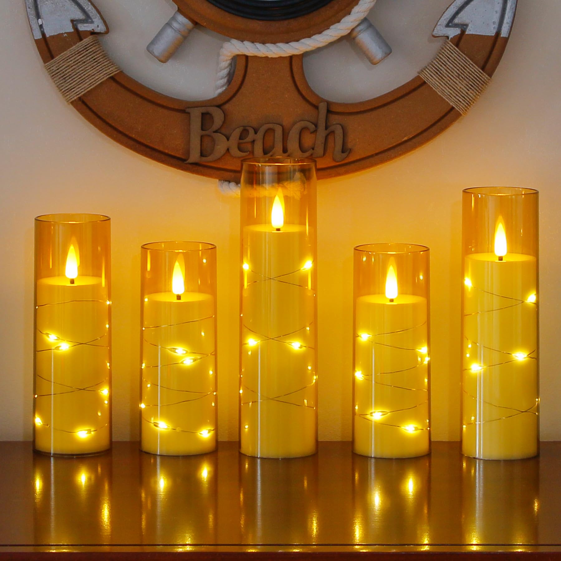 Yeelida Gold Flameless Candles With Remote And String Light, 2.2''X 5'',5'',6'',7'',7'',8'' Led Battery Operated Plastic Flicker