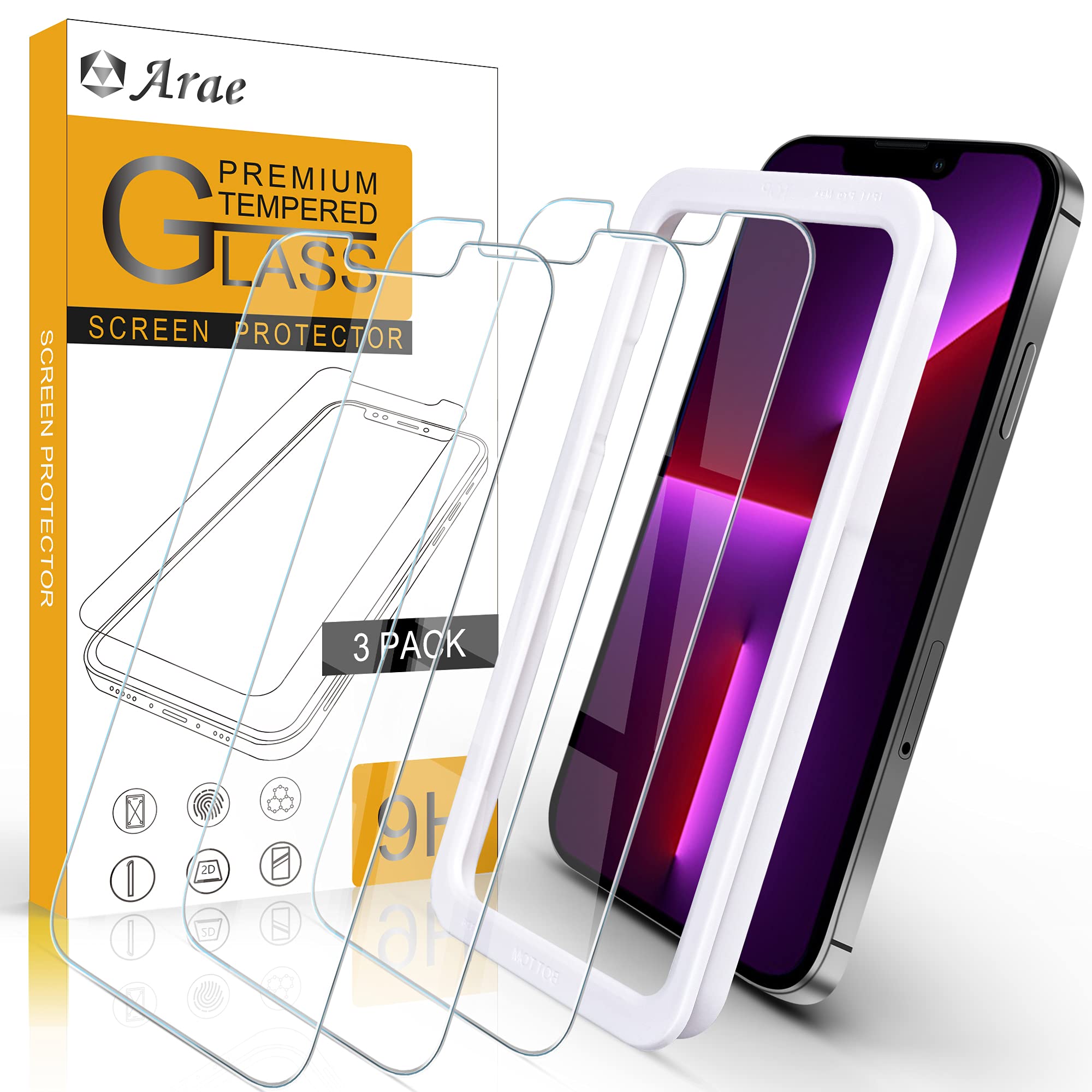 Arae Screen Protector For Iphone 14/Iphone 13/Iphone 13 Pro, Hd Tempered Glass Anti Scratch Work With Most Case, 6.1 Inch, 3 Pac