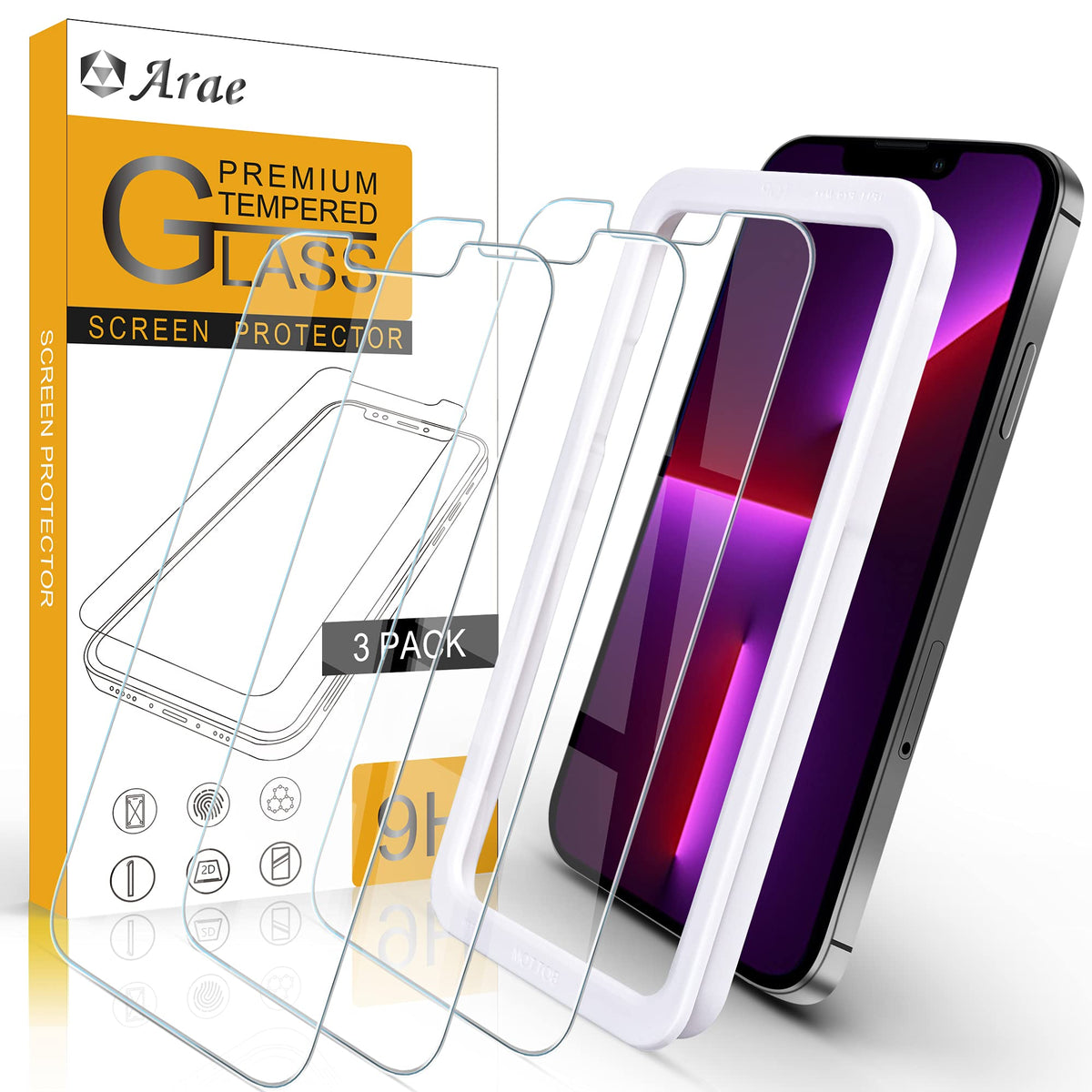 Arae Screen Protector For Iphone 14/Iphone 13/Iphone 13 Pro, Hd Tempered Glass Anti Scratch Work With Most Case, 6.1 Inch, 3 Pac