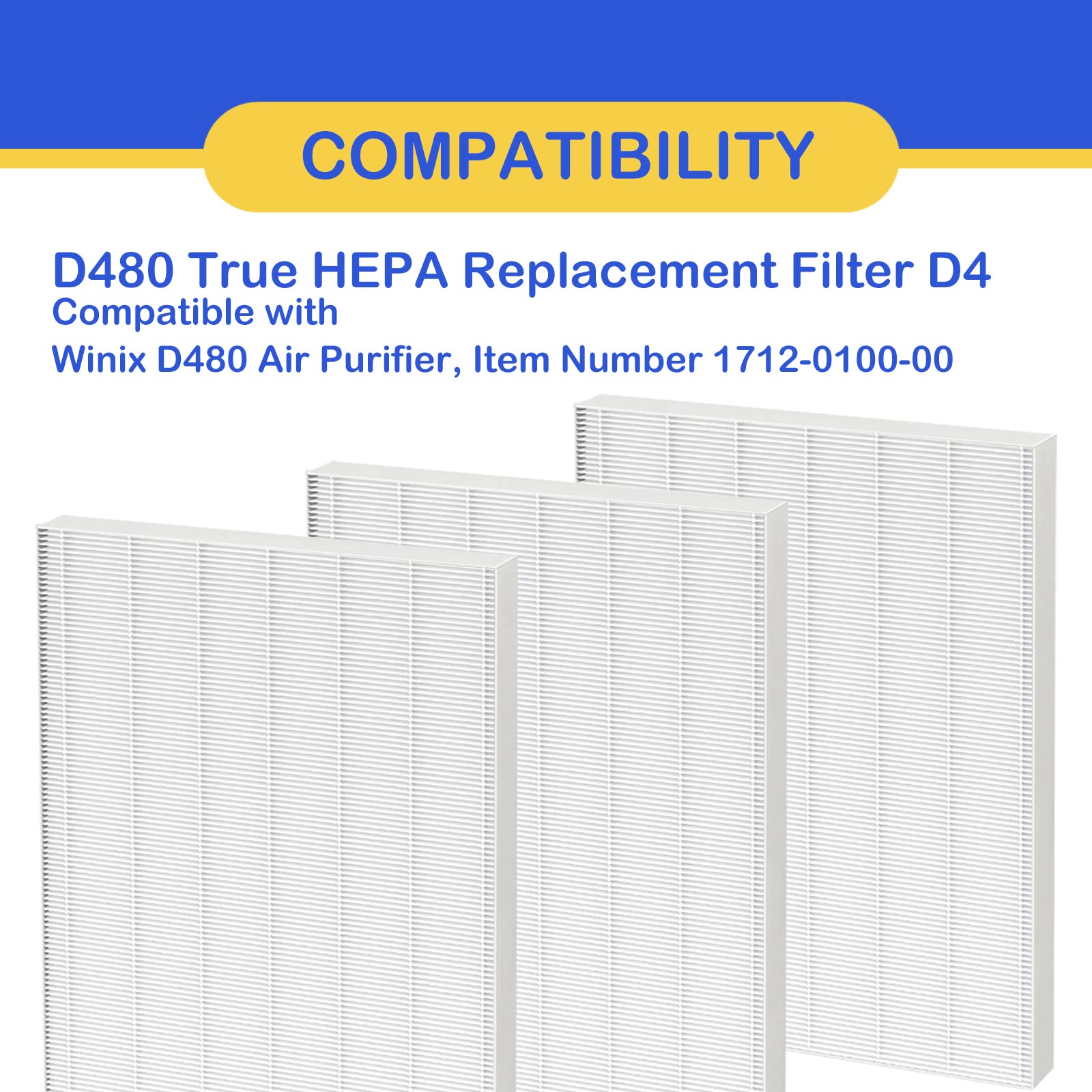 3 Pack D480 True Hepa D4 Replacement Filters Compatible With Winix D480 Air Cleaner Purifier, Item Number 1712 0100 00, Filter D