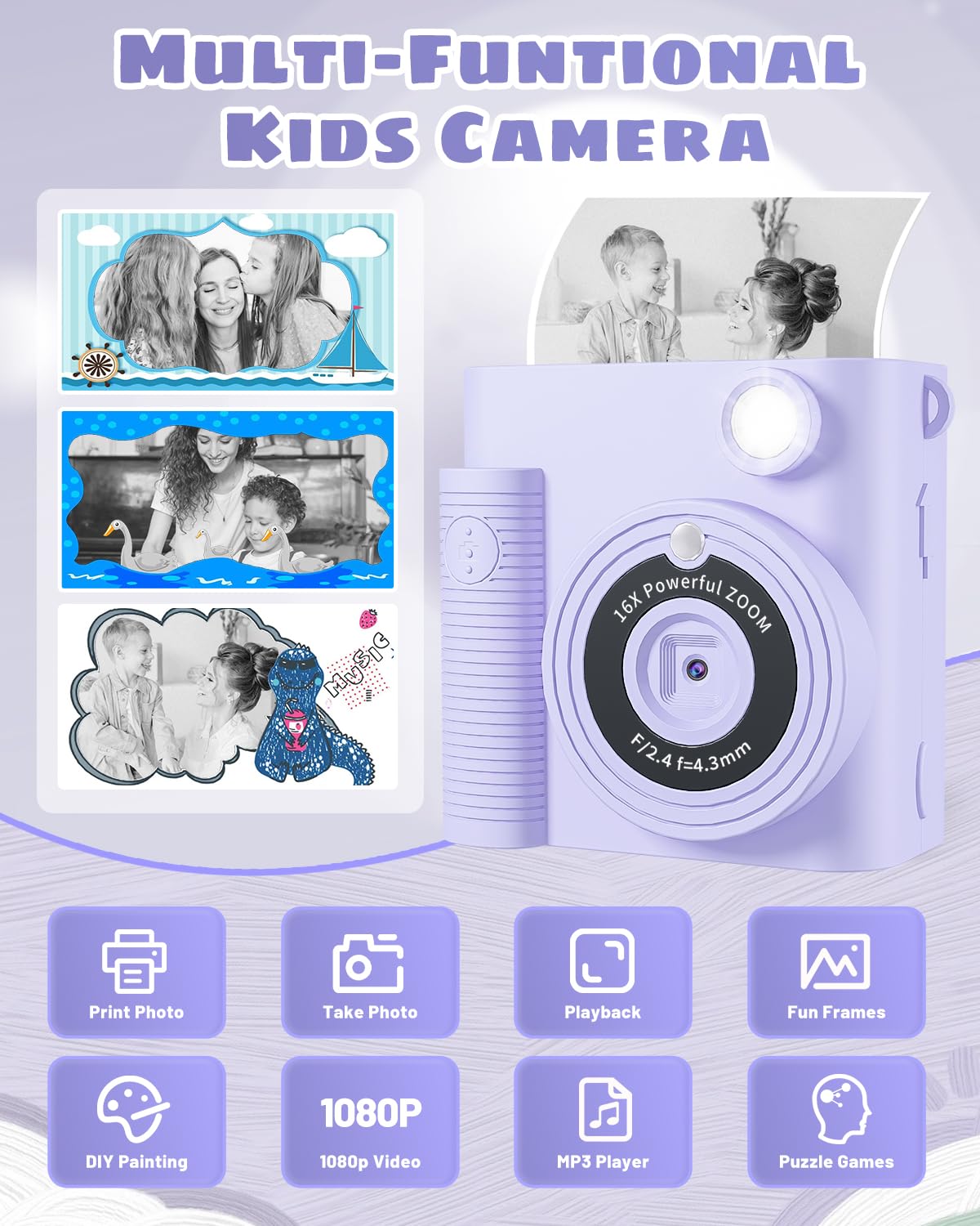 Ykslemon Kids Camera, Instant Print 1080P Hd Digital Camera, 32G Sd Card, 3 Rolls Photo Paper, For 3 14 Year Old Girls & Boys