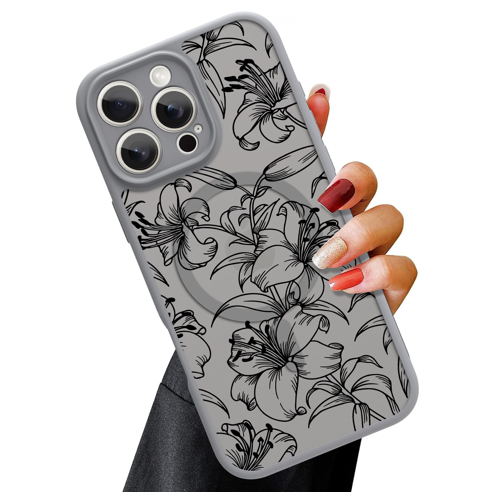 Ook Magnetic For Iphone 16 Pro Case Grey Flower Lily Pattern [Compatible With Magsafe] Slim Translucent Matte Camera Lens Protec