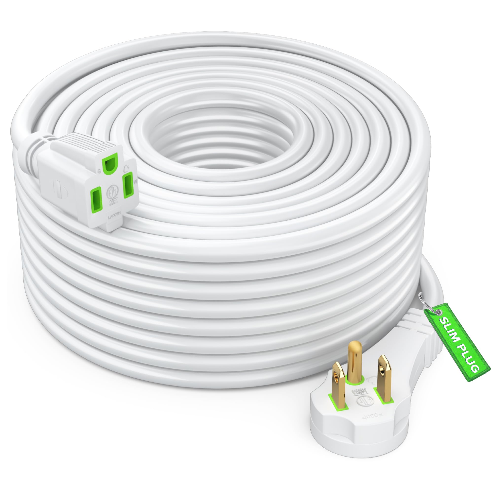 Maximm Flat Plug Extension Cord 50 Ft With Slim Space Saving Plug Design, Low Profile Extension Cord 14Awg (White)