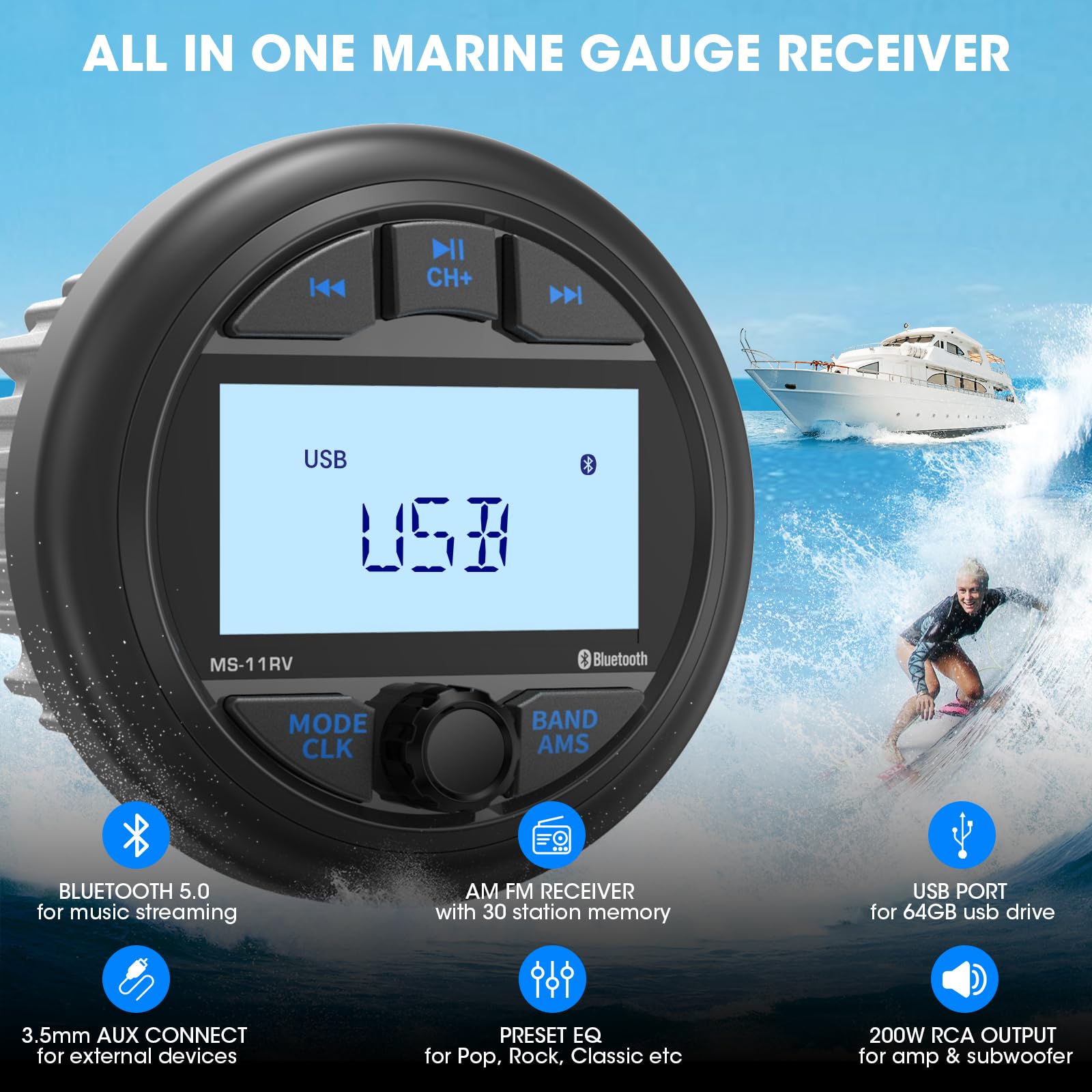 Waterproof Marine Gauge Stereo Receiver - Bluetooth Boat Am Fm Radio - 2.8 Inch Lcd Display Mp3 Usb Aux-In Subwoofer Pre-Amp 200