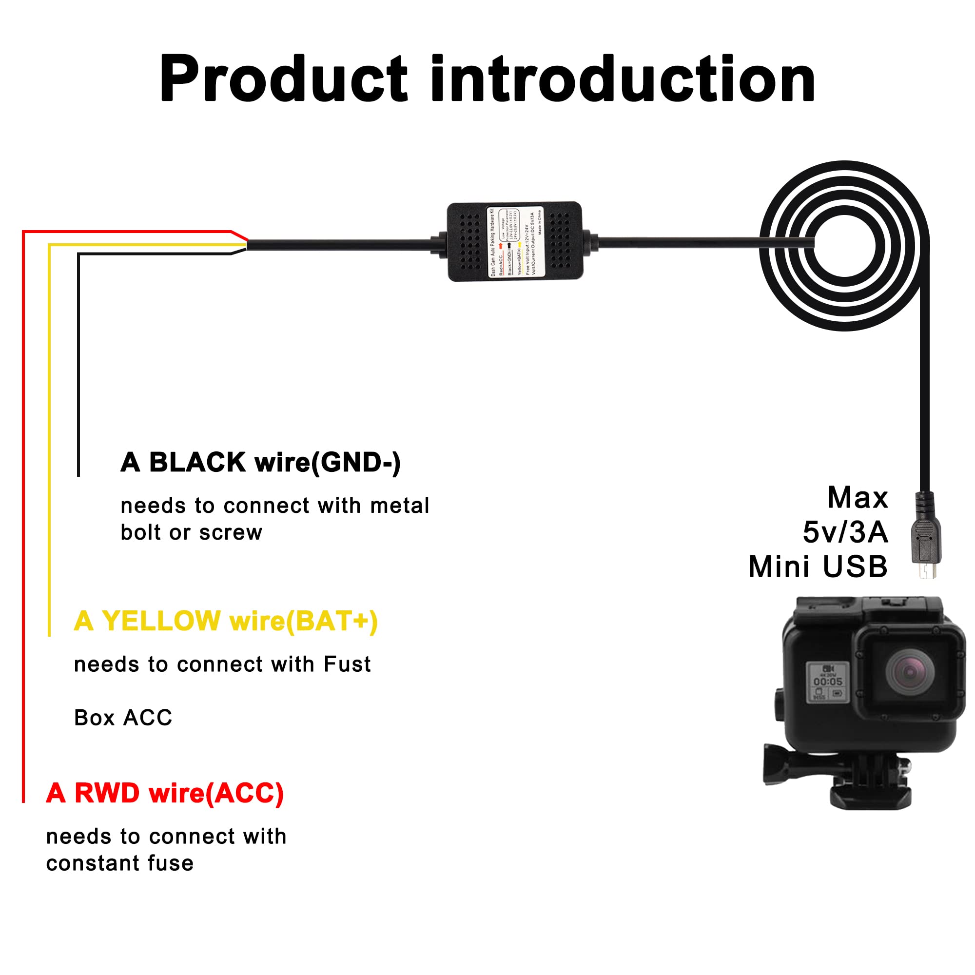 Meiriyfa Dash Cam Acc Hardwire Kit Mini Usb Hardwire Dashcam Kit Step Down Cable, 12V 24V To Dc 5V 3A Car Dash Charger Power Cord For Cars Camera Gps(11.5Ft)