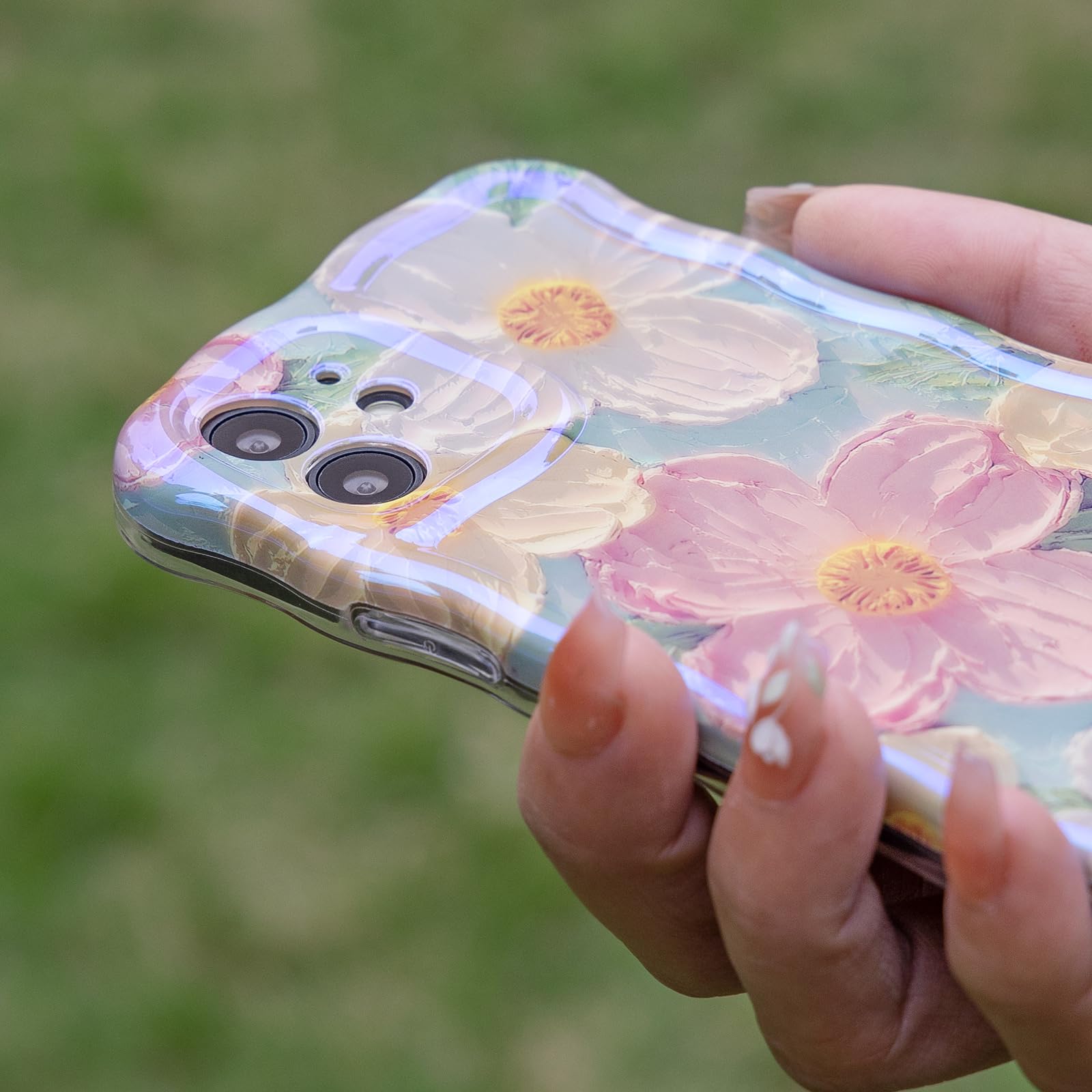 Mouzor Cute Case For Iphone 15 Pro Max, Colorful Retro Oil Painting Printed Flowers Case, Fashion Tpu Floral Laser Beam Glossy P