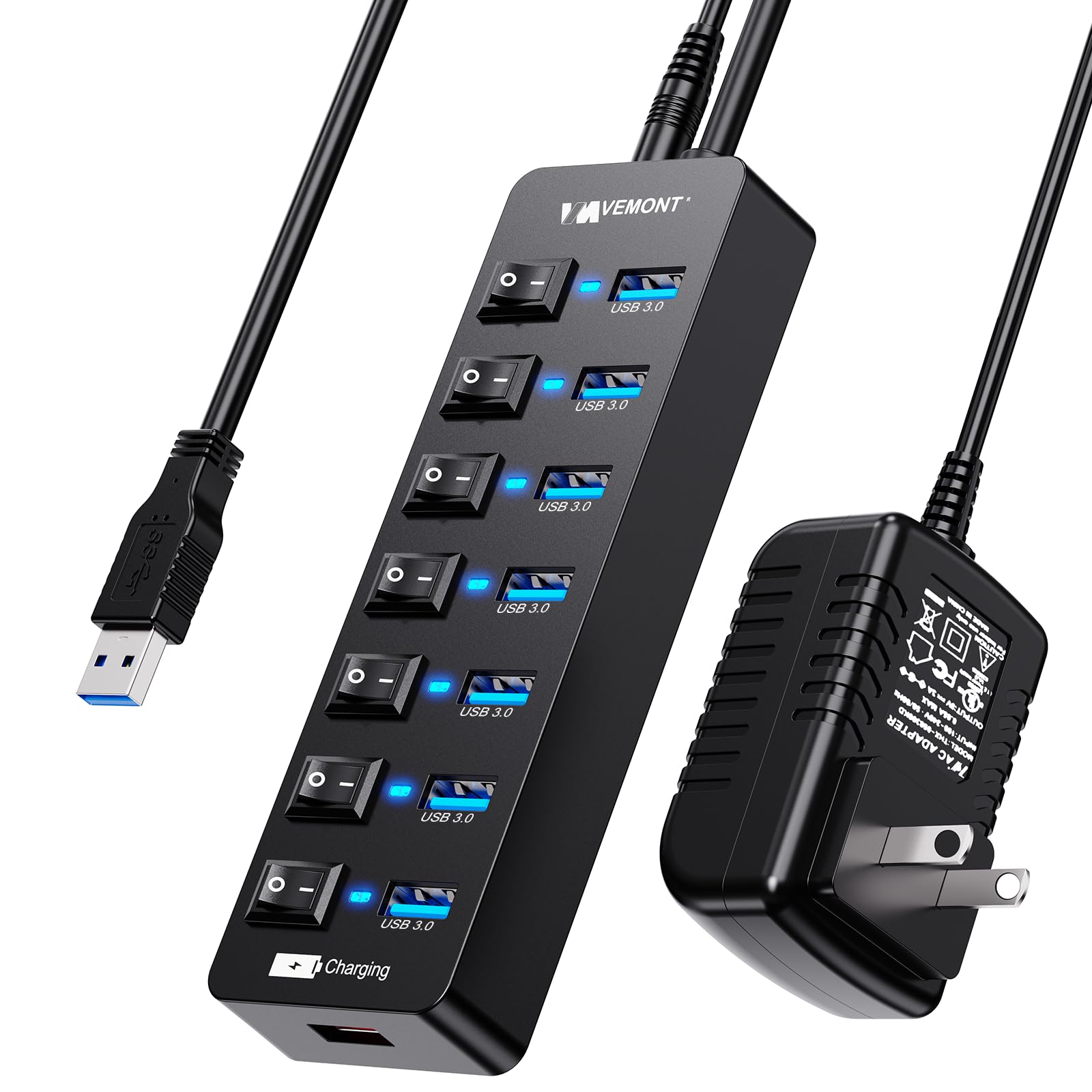 Powered Usb Hub 3.0,Vemont 7 Ports Multi Usb Hubs And 1 Usb Smart Charging Port With 5V/3A Power Supply,Usb Extension Splitter With Individual On/Off Switches And 4Ft/1.2M Long Cable For Pc/Laptop