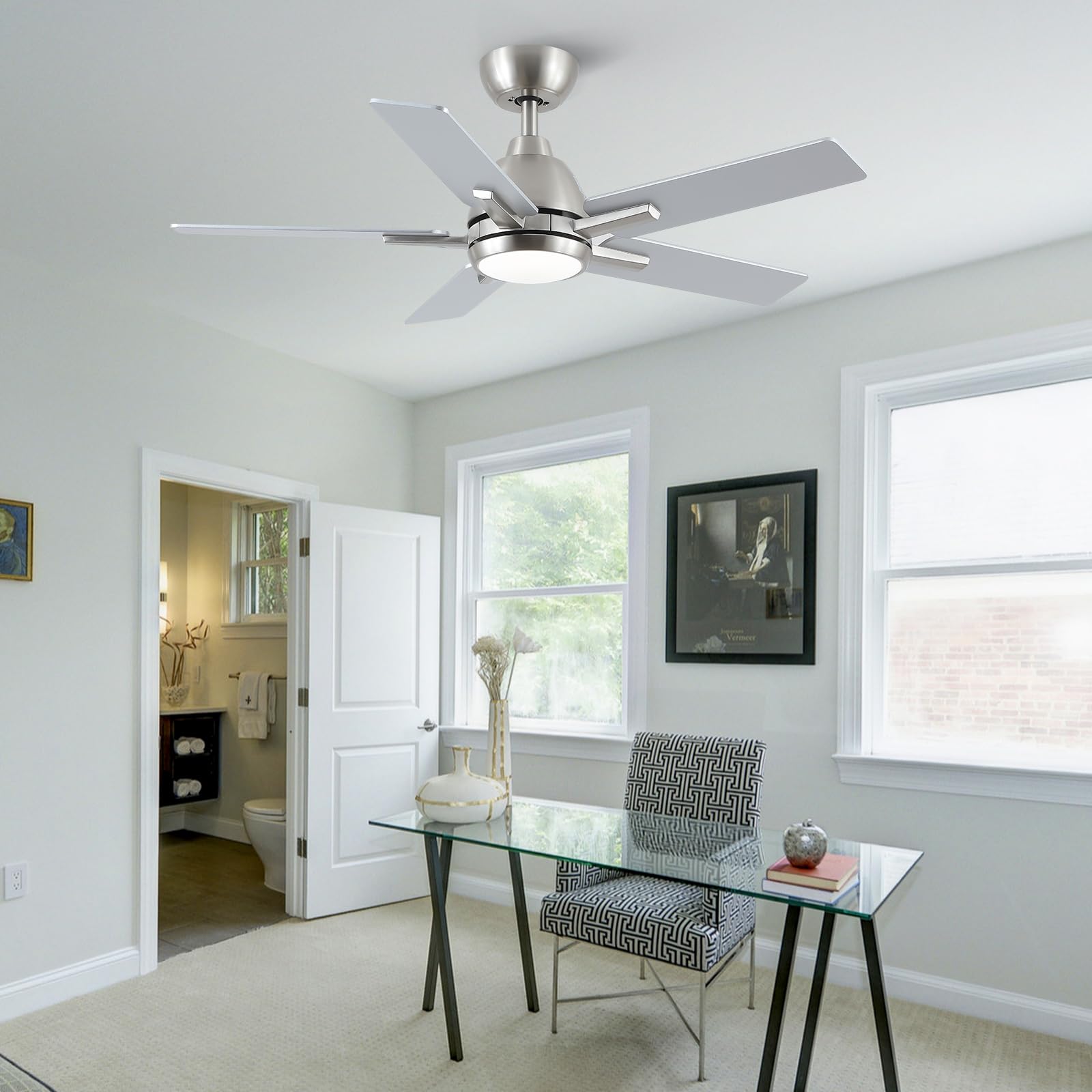 42 Inch Ceiling Fans With Lights And Remote,Brushed Nickel Ceiling Fan With 5 Dual Sided Blades,Downrod,6 Speed Reversible Dc Mo
