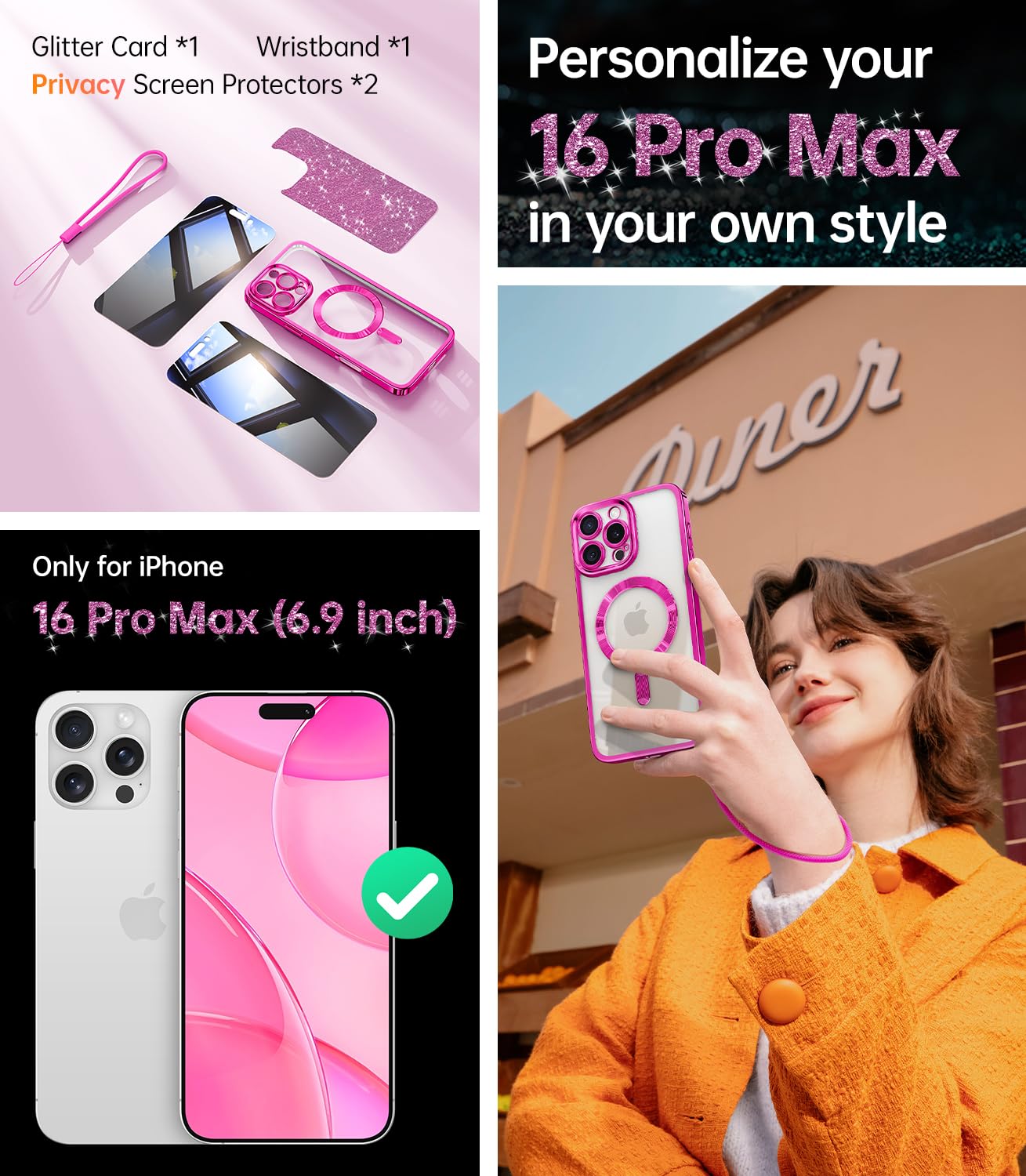 Meifigno For Iphone 16 Pro Max Case With 2X Privacy Screen Protectors, [Glitter Card & Wrist Strap][Compatible With Magsafe] Sur