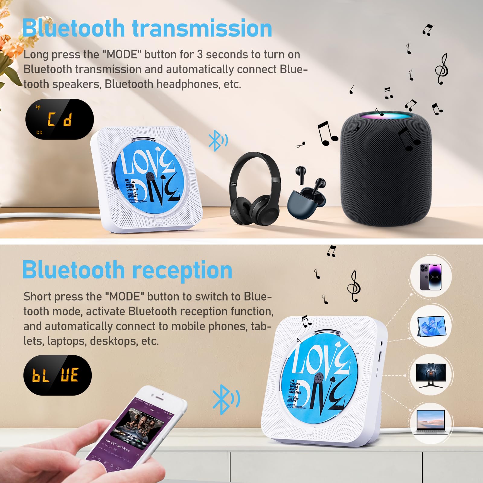 Micocious Cd Player With Speakers Bluetooth Desktop Cd Players For Home Kpop Music Cd Player With Led Screen Fm Radio Remote Con