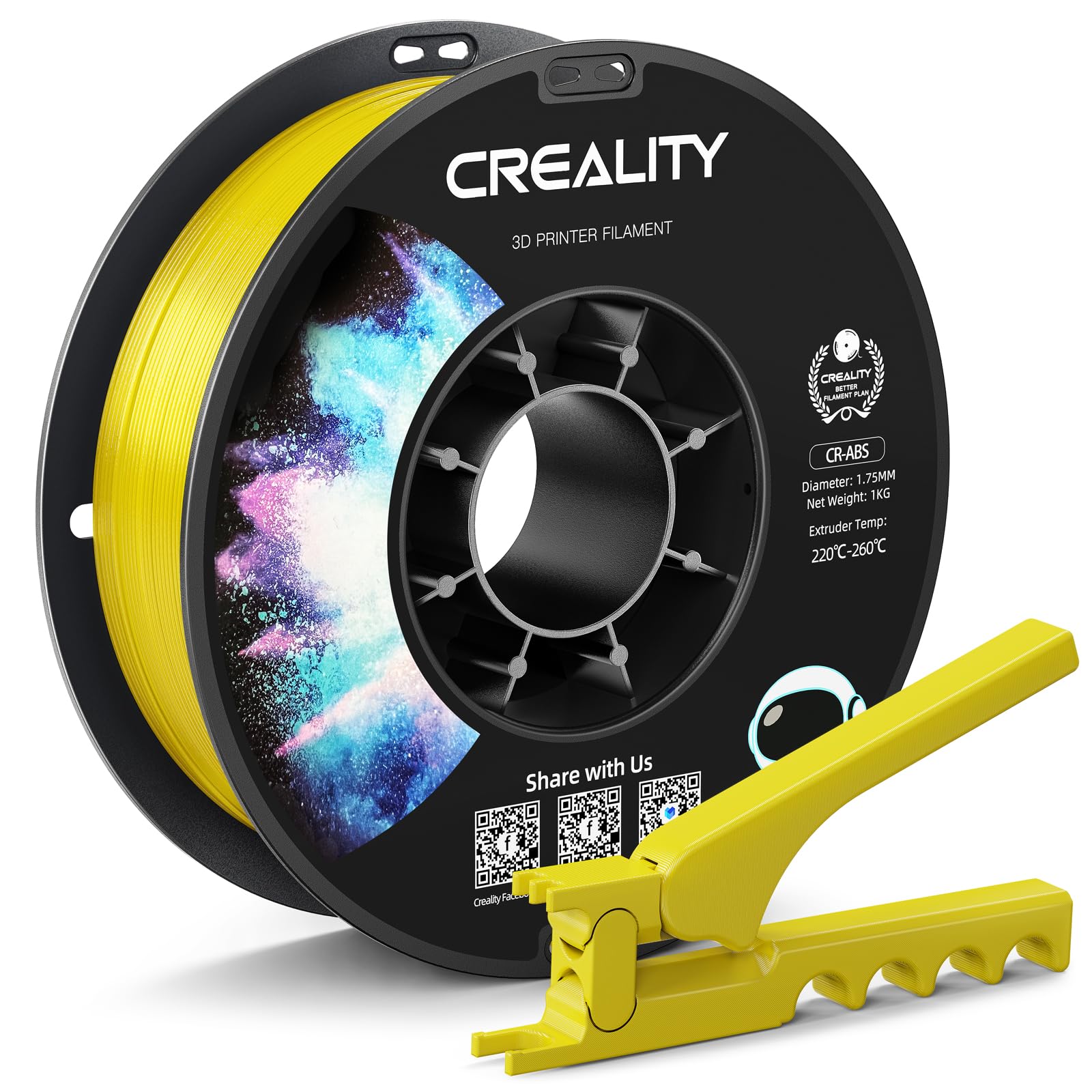 Creality ABS Filament 1.75mm Yellow, Excellent Resistance, Odorless Non-Toxic, Stability, Tough, Neatly-Wound Spool, 1kg(2.2lbs)