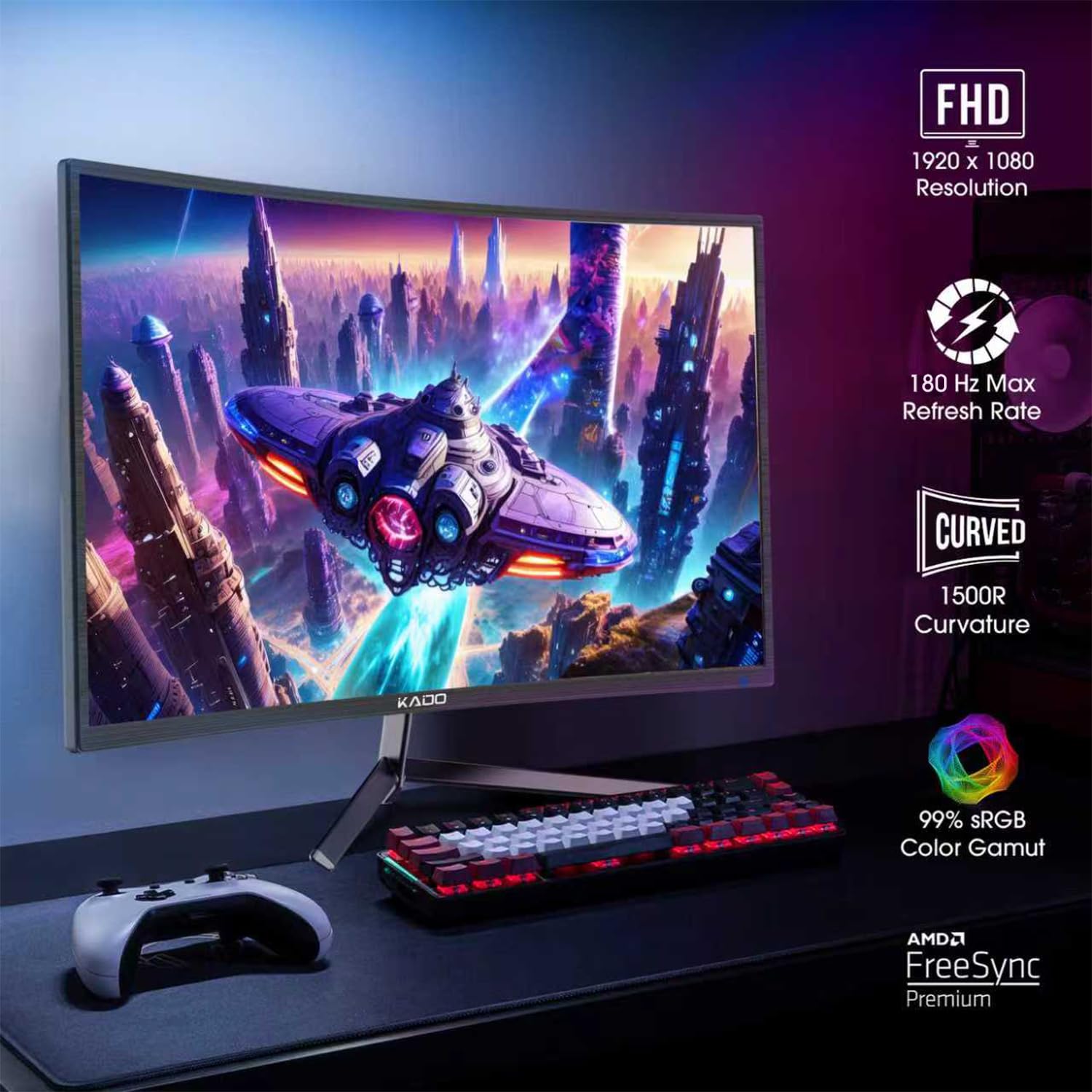 Kado Dual Gaming Monitor Setup - 2-Pack 24 180Hz 1Ms Curved 1500R 1920X1080, Amd Freesync Premium, Panoramic Gaming Multi-View S
