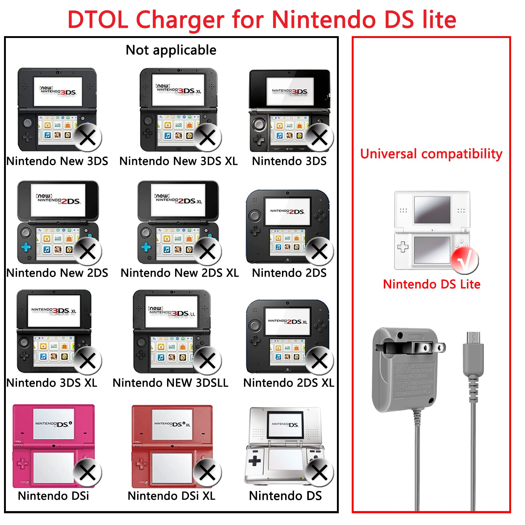 Ds Lite Charger, Dtol Ds Lite Charger Replacement For Nintendo Ds Lite, Ac Adapter Compatible With Ds Charger (100 240V) 2 Pack