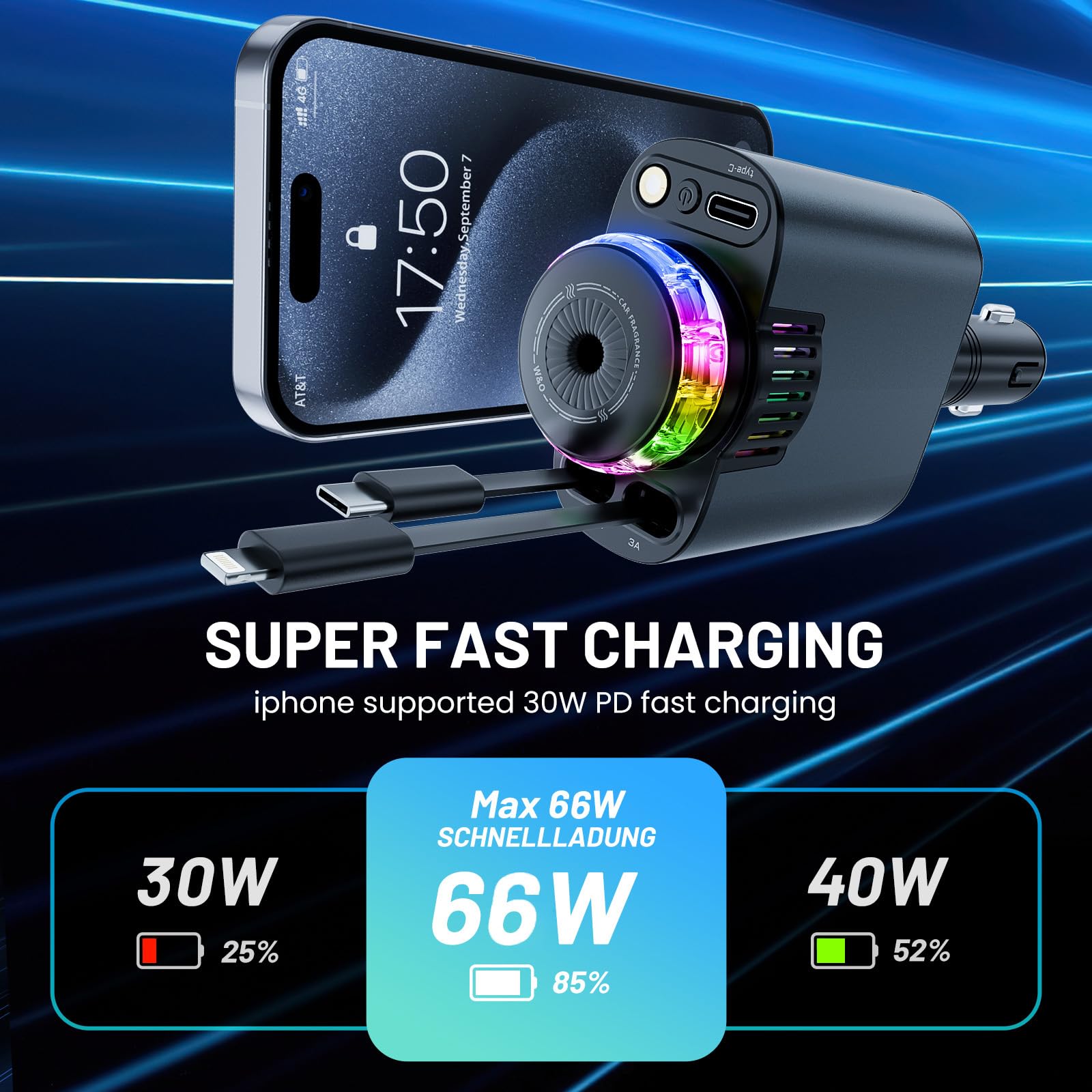 Starlight Retractable Car Charger With Aromatherapy, 5 In 1 Fast Charging 66W Car Phone Charger Adapter, Usb C Car Accessories C