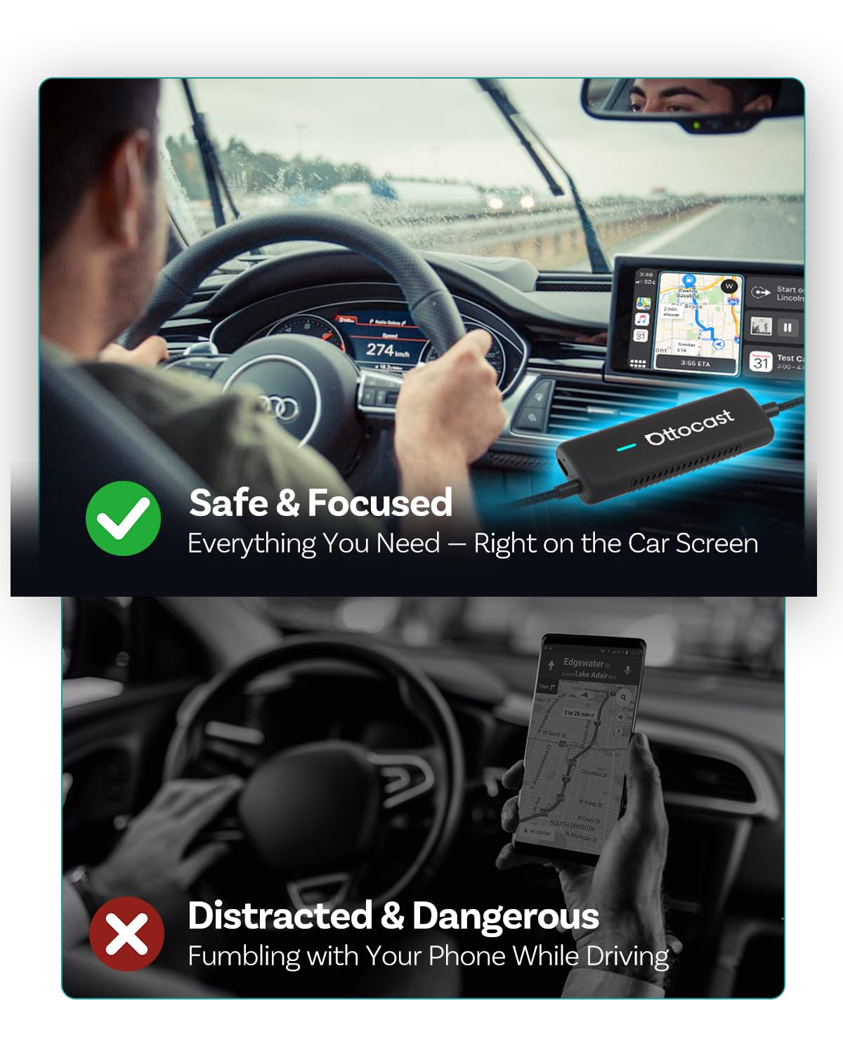 Ottocast Mirror Touch With Wireless Carplay Adapter, Mirror & Watch Any App On The Car Screen, Such As Youtube Netflix Tiktok Di