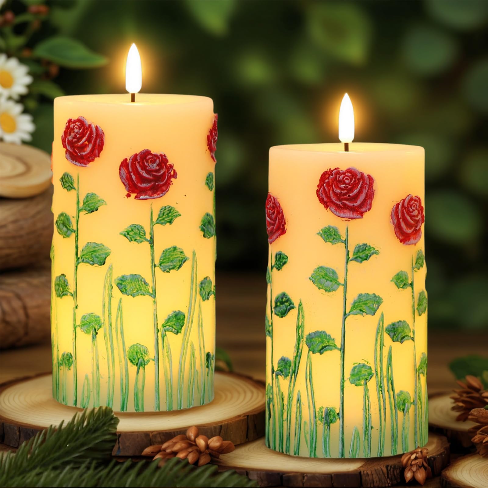 Eldnacele Rose Flameless Candles with 6 Hour Timer, Battery Operated Hand Painted 3D Wick Flickering Real Wax LED Pillar Candles