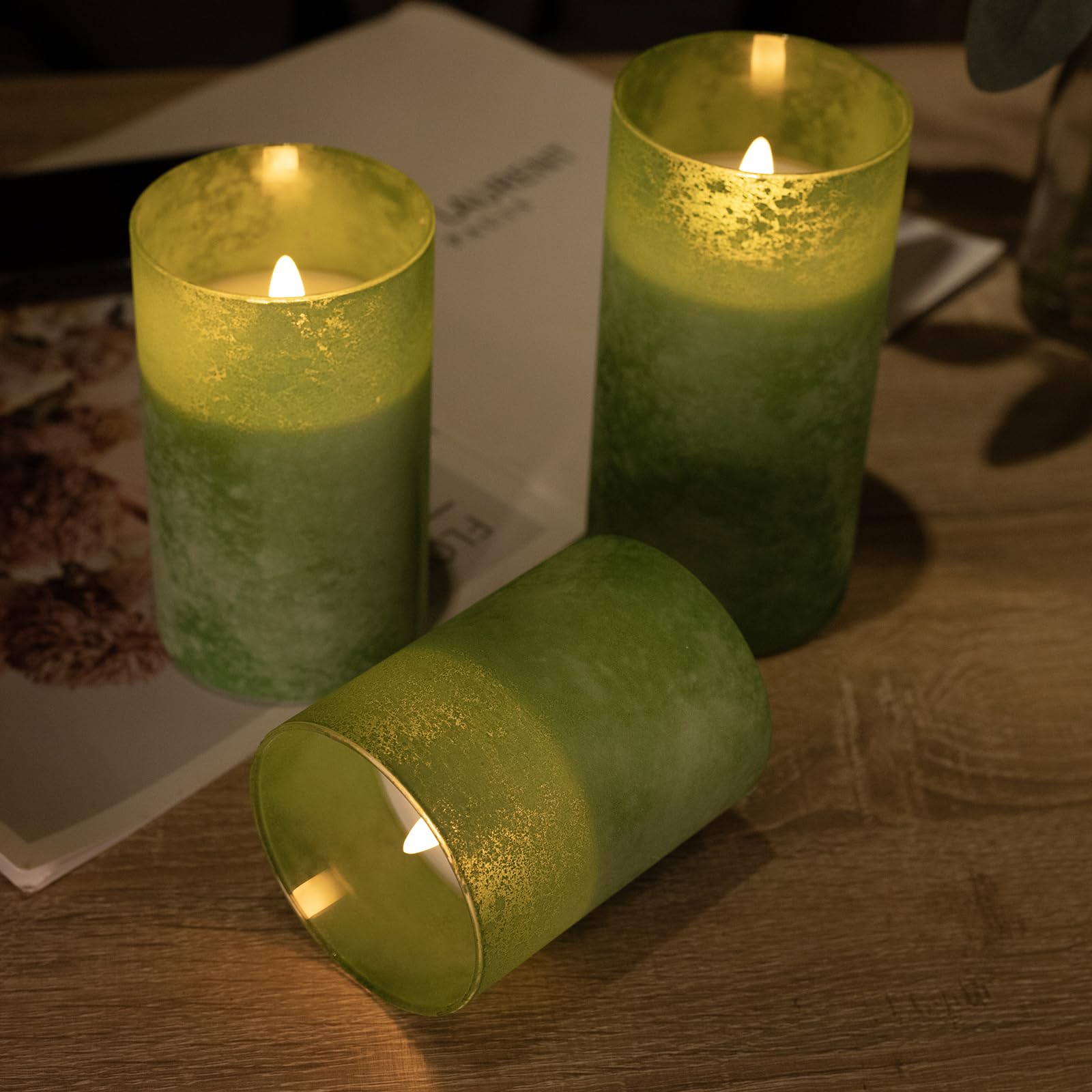 Glass Battery Operated Flameless Led Candles With 10 Key Remote And Timer, Ocean Theme Green Sandblast Flickering Real Wax Pilla