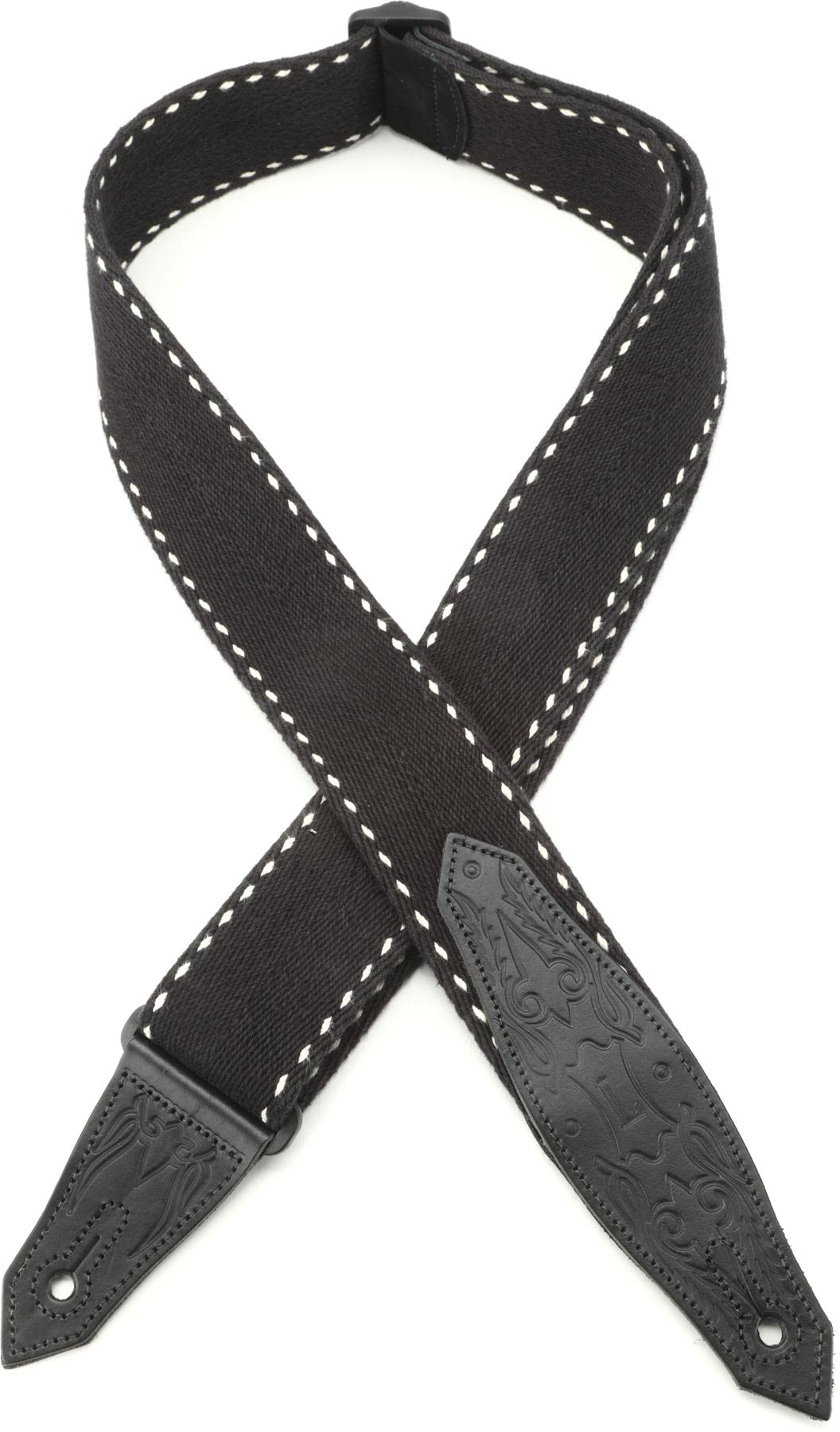 Levys Leathers 2 Heavyweight Guitar Strap with Contrasting Woven Border, Cowboy Boot Design Leather Ends; Black (MSSC80BLK)