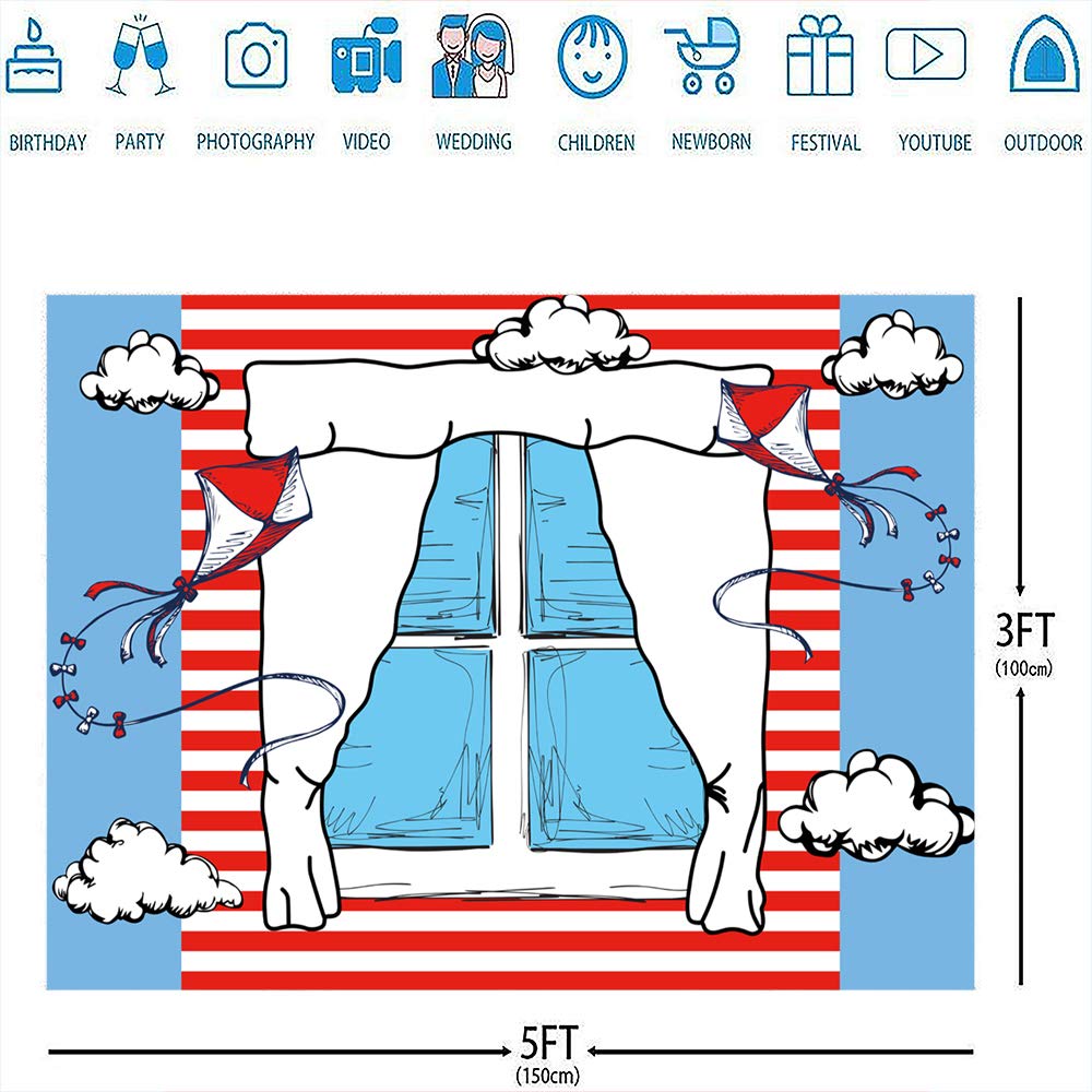 Cartoon Window Backdrops For Photography Kids Birthday Party Background 5X3Ft Blue Red Kite Striped Kids Party Backdrop Boys Gir