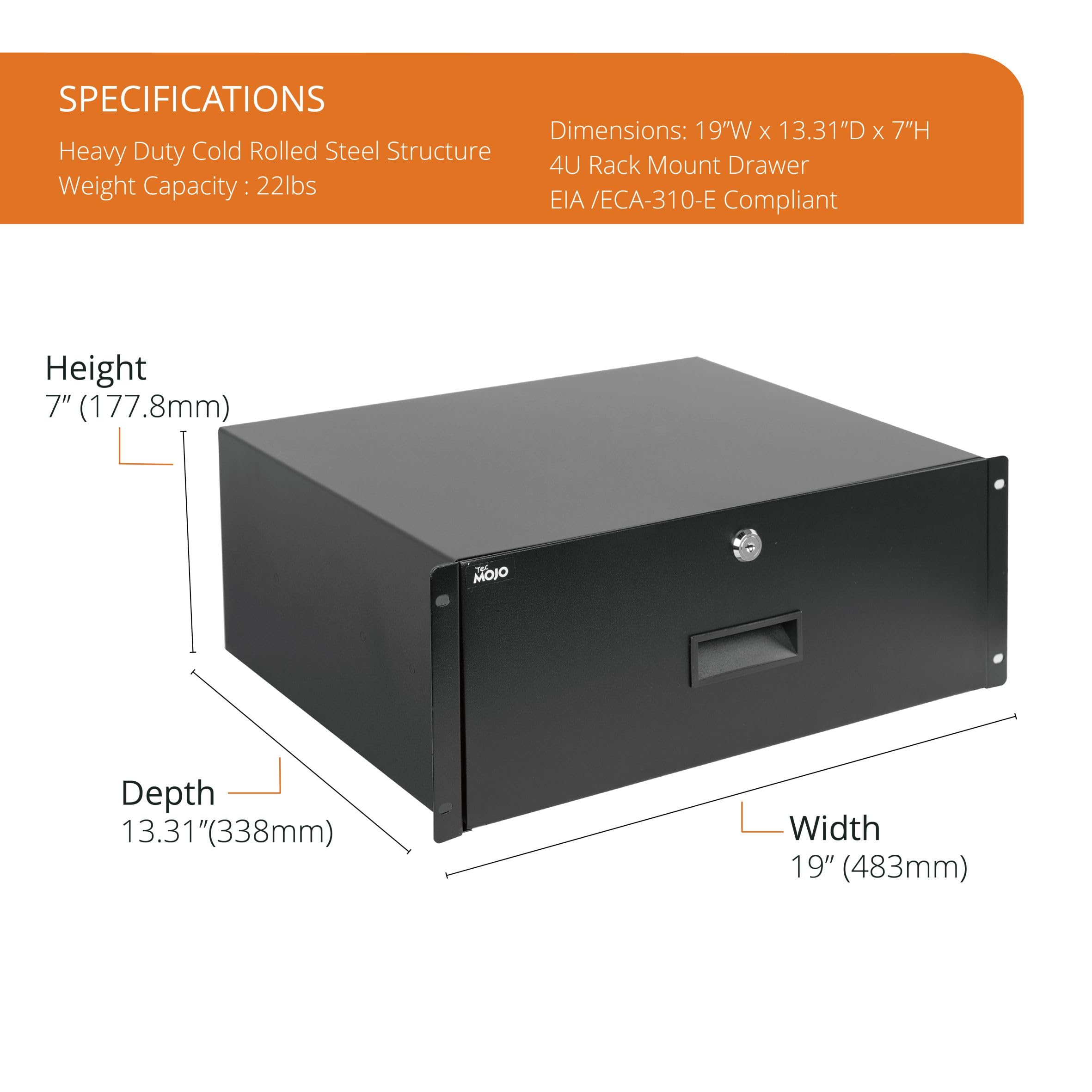 Tecmojo 4U Locking Rack Mount Drawer   22Lb (10 Kg) Secure Lockable Steel Storage Rack Drawer For 19'' Network Equipment/Server/