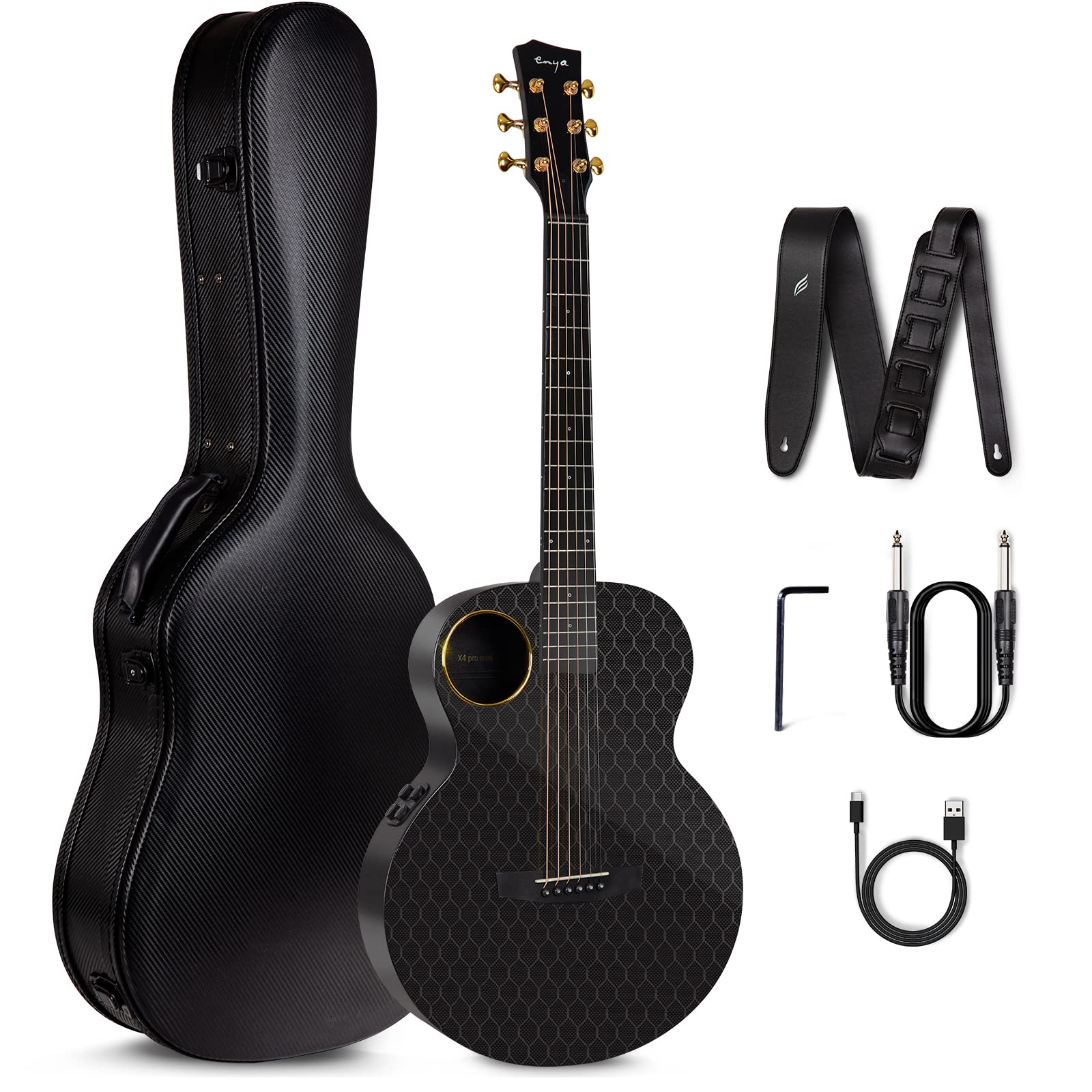 Enya Carbon Fiber Acoustic Electric Guitar X4 Pro Mini Acousticplus 36    3/4 Sized Guitar Bundle With Hard Case, Leather Strap,