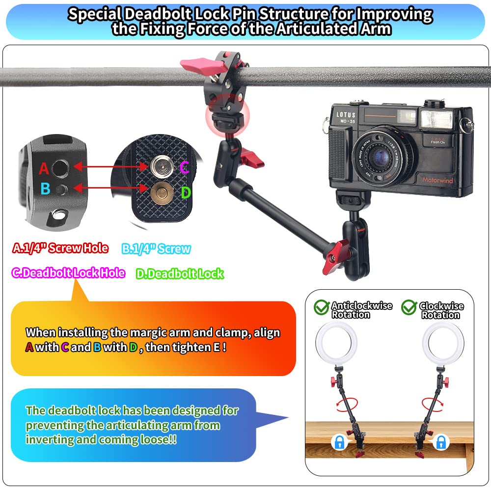 Jebutu 13'/34Cm Magic Arm W Clamp, Camera Mount & Clamp W 1/4' 3/8' Threads And Articulating Friction Magic Arm, Overhead Phone Mount, Camera Boom Arm Mount For Light Webcam Mic Action Camera Monitor