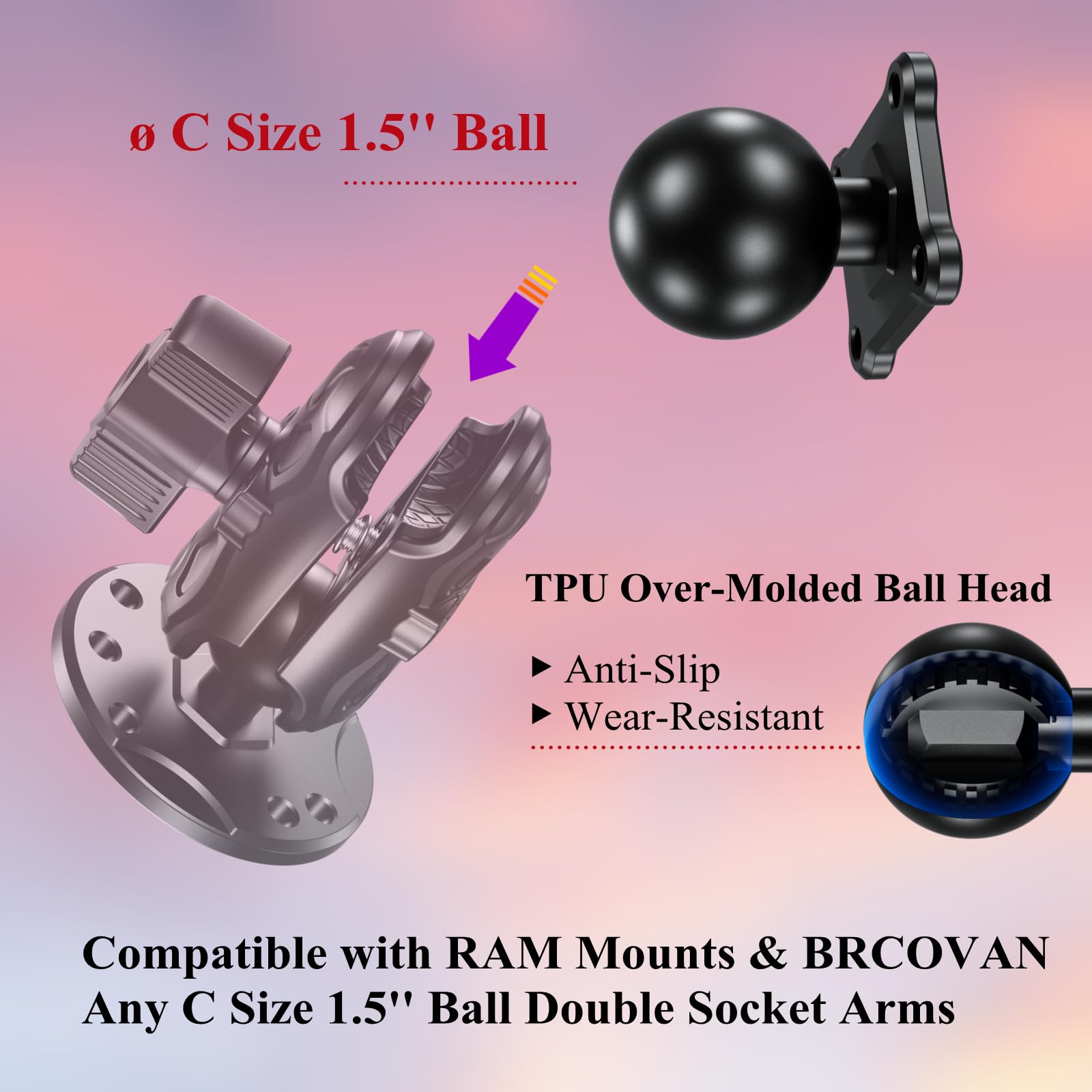 Brcovan 1.5'' Ball Mount Base With Aluminum Alloy 4 Hole Amps Square Plate, Compatible With Ram Mounts C Size 1.5 Inch Ball Double Socket Arm