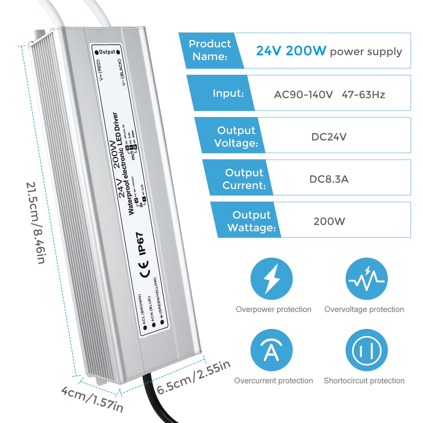 24V 200W Led Power Supply, Waterproof Ip67 Led Driver, Ac 110V To Dc 24 Volt Low Voltage Transformer With 3 Prong Plug 3.3 Feet