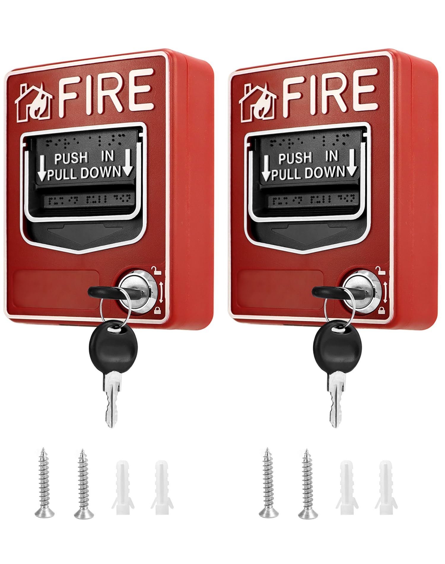 Qwork Wired Emergency Fire Alarm Station, 2 Pack Dual Action Manual Call Point Fire Alarm Panic Button 9 28Vdc With 2 Keys