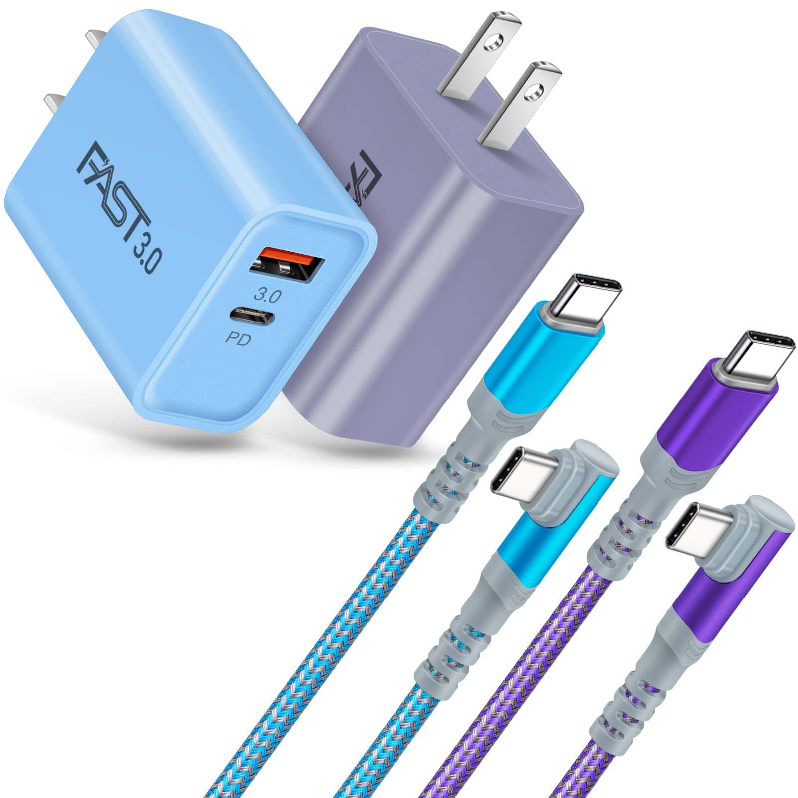 Fast Charging Wall Charger With Right Angle Usb C Cable 10Ft, 2 Pack 20W Usb C Power Adapter Dual Port Fast Charger Block+3A C T