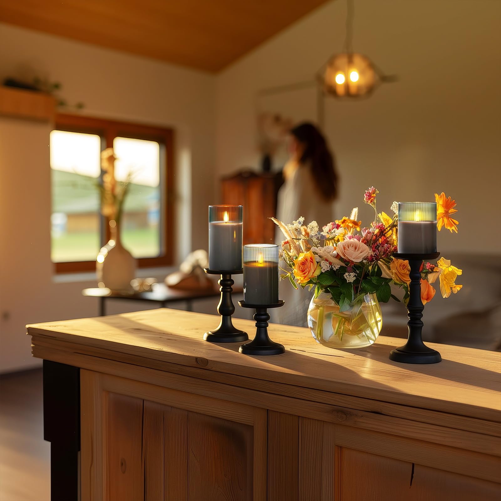 Amagic Glass Flameless Candles With Remote, Battery Operated Candles With Timer, Real Wax Led Pillar Candles With Flickering Fla