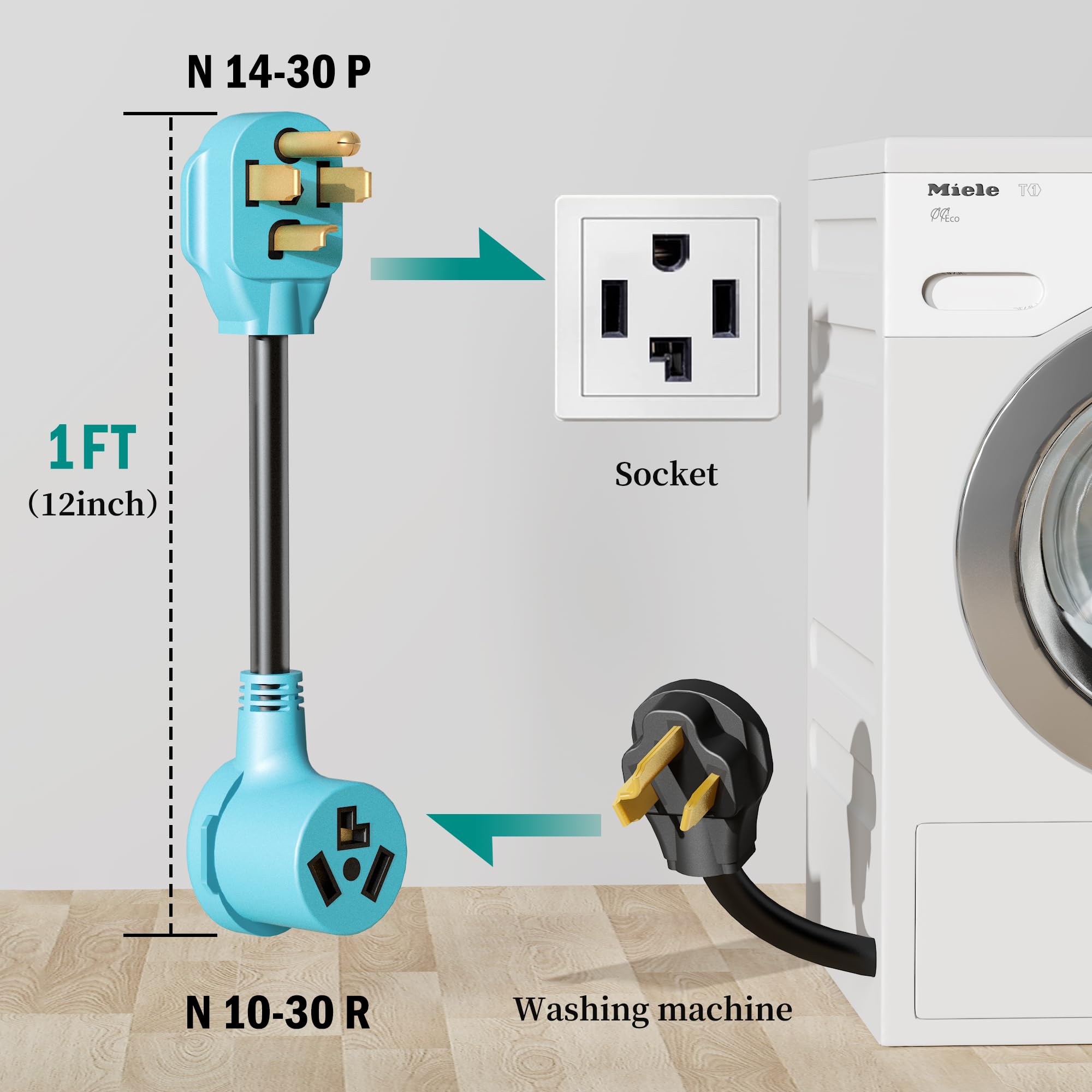 Eversimpleinc 3 To 4 Prong Dryer Adapter, Connects Old To New Dryer Receptacle, 30A 125/250V, Blue Plug