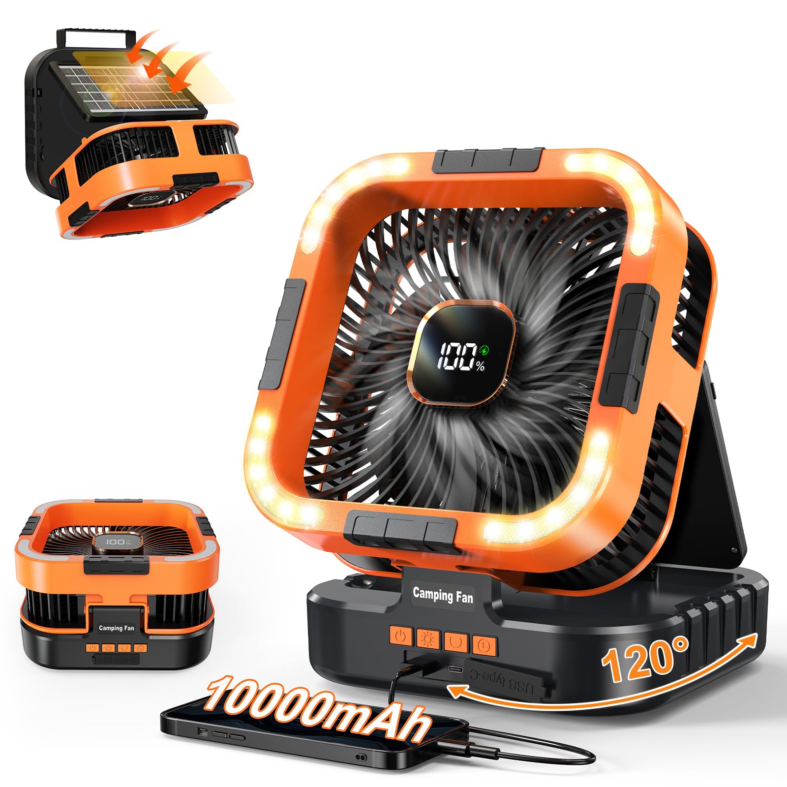 Portable Camping Fan with Solar Panel, 10000mAh Solar Powered fan, 6 Speed Levels, 120 Oscillation, 3 Light Modes, 6H Timer, Han