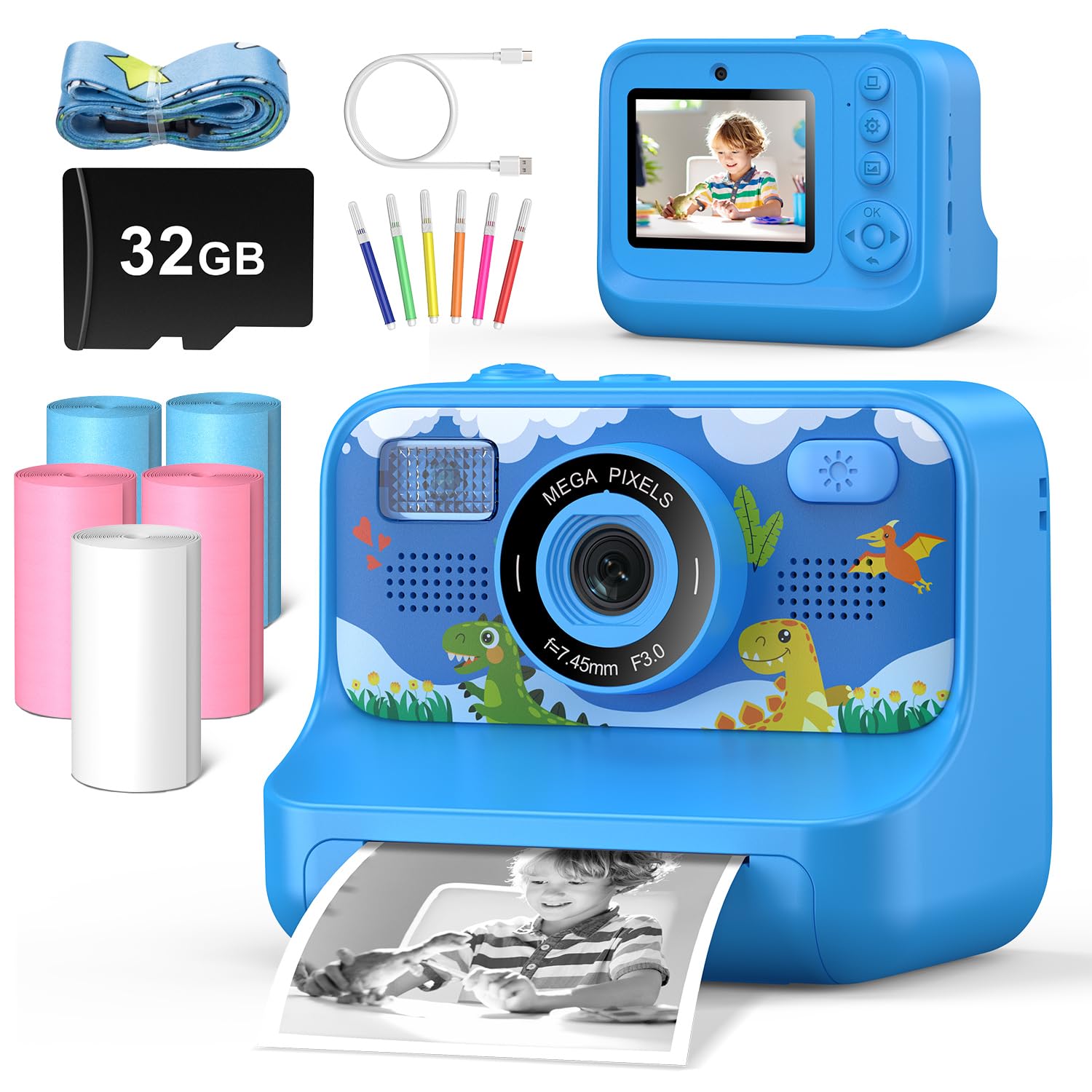 Instant Print Camera for Kids Age 3-12 Girls Boys 1080P HD Digital Video Cameras with 5 Print Paper & 32G Card Toddler Portable 