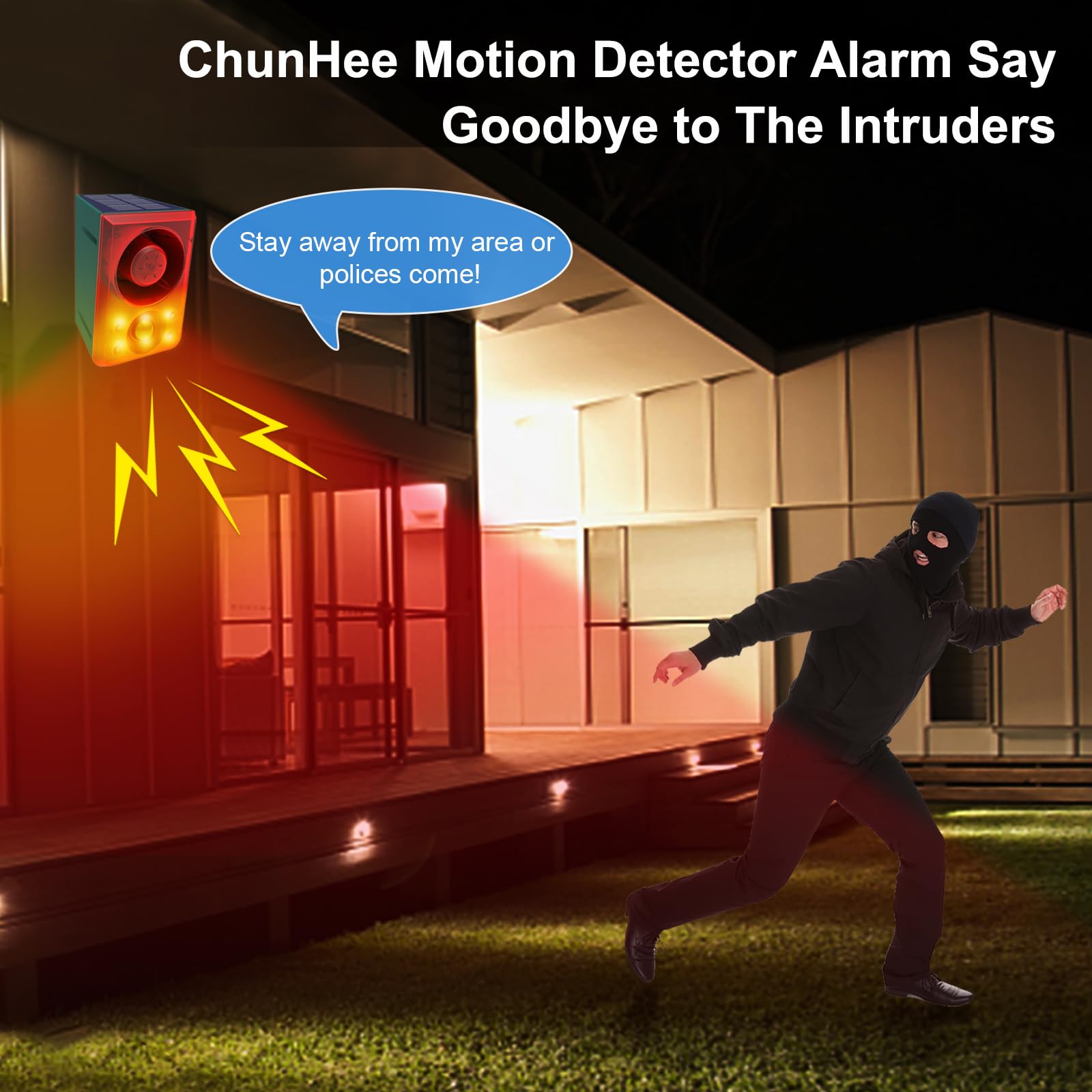 Chunhee Solar Outdoor Motion Sensor Alarm With Dog Barking Gunshot Sound, Support Recording And Adjustable Volume, 130Db Motion Detector Alarm With Remote For Chicken Coop, Garden, Yard, Farm