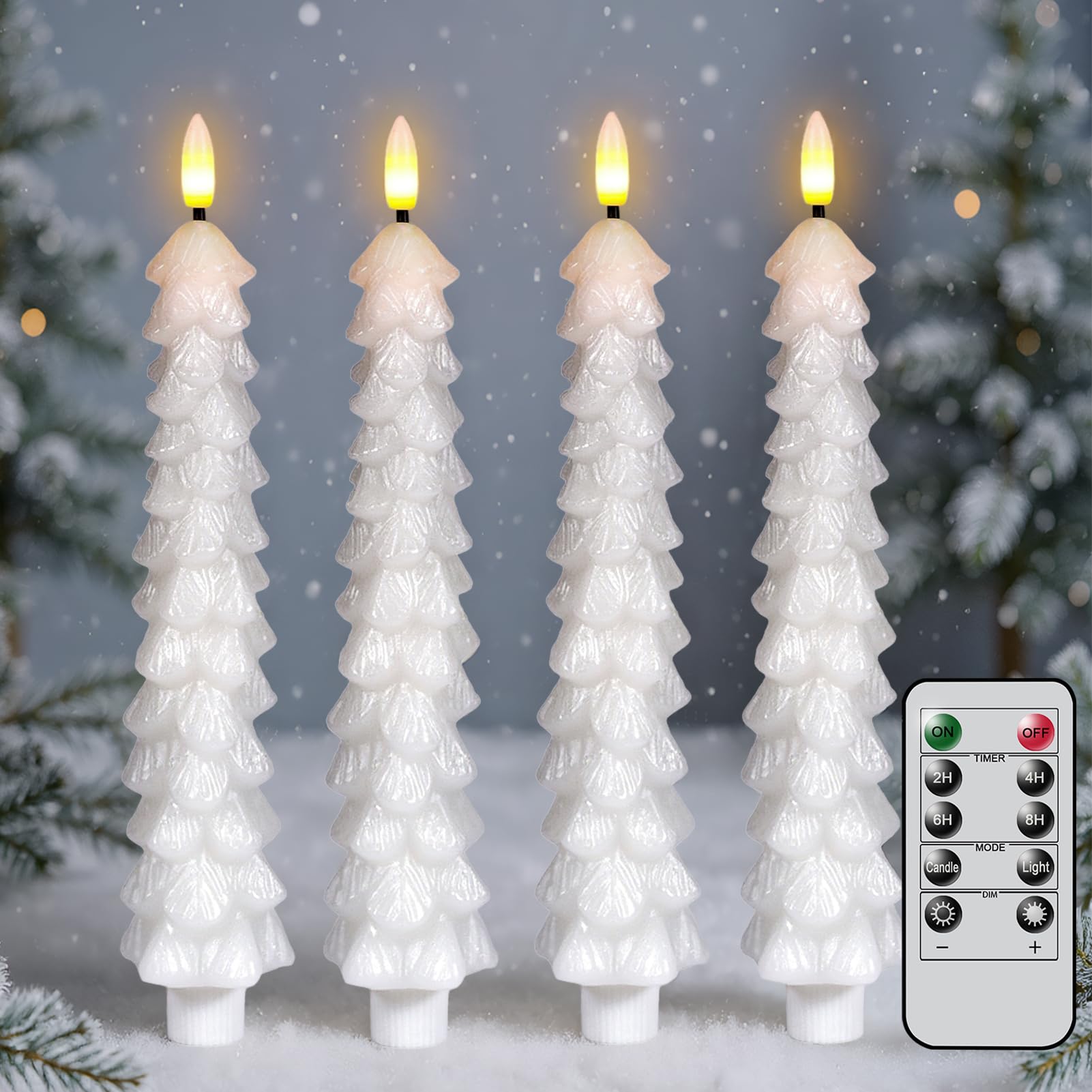 KunSwenn Christmas Tree Candles with Remote, White Christmas Tree Flameless Taper Candles Battery Operated, Real Wax Set of 4 LE