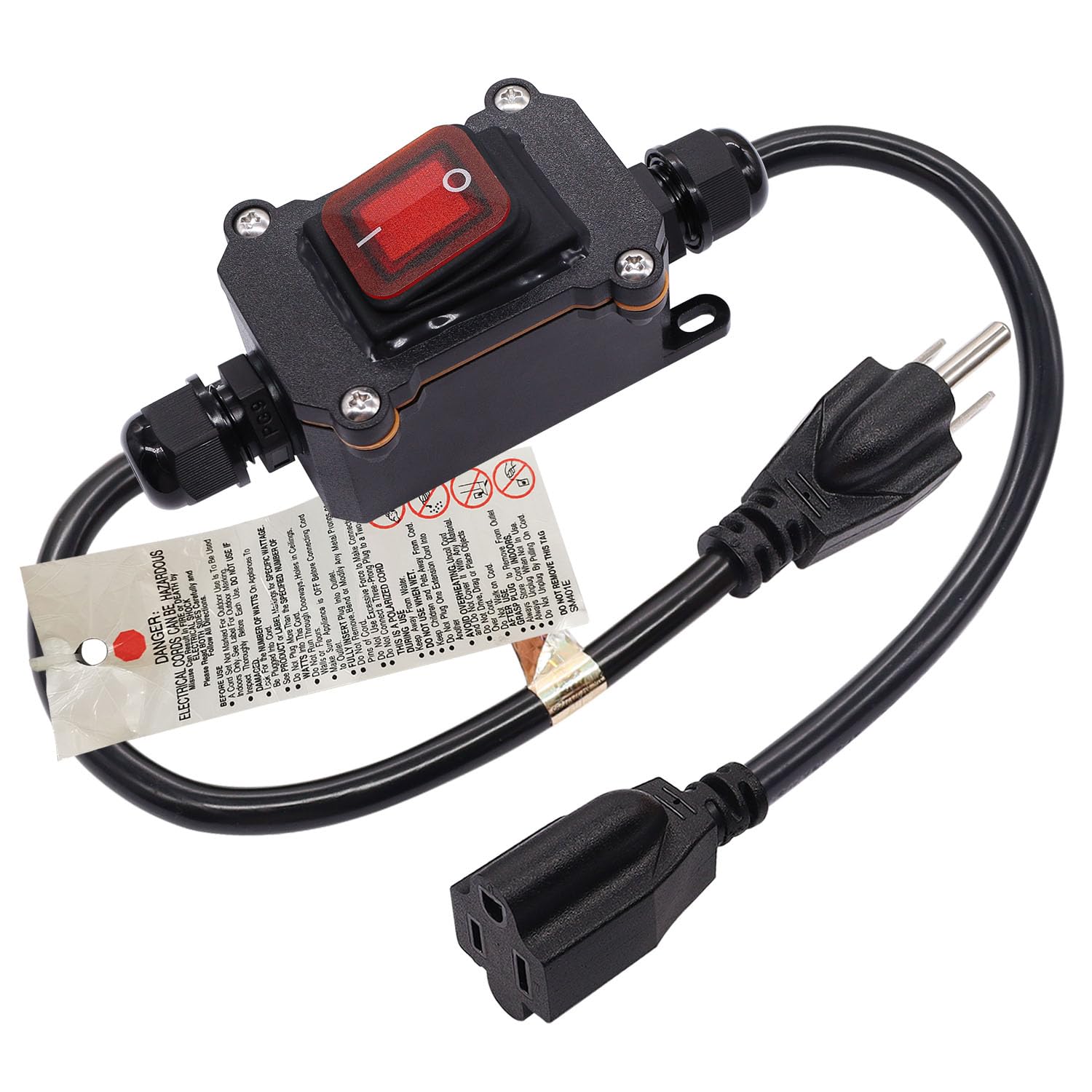 Weideer Extension Cord With Inline Switch On/Off Ip67 Waterproof 20A 250V 16Awg 2Ft 3Pin Outlets Plugs Power Cord Red Led Rocker