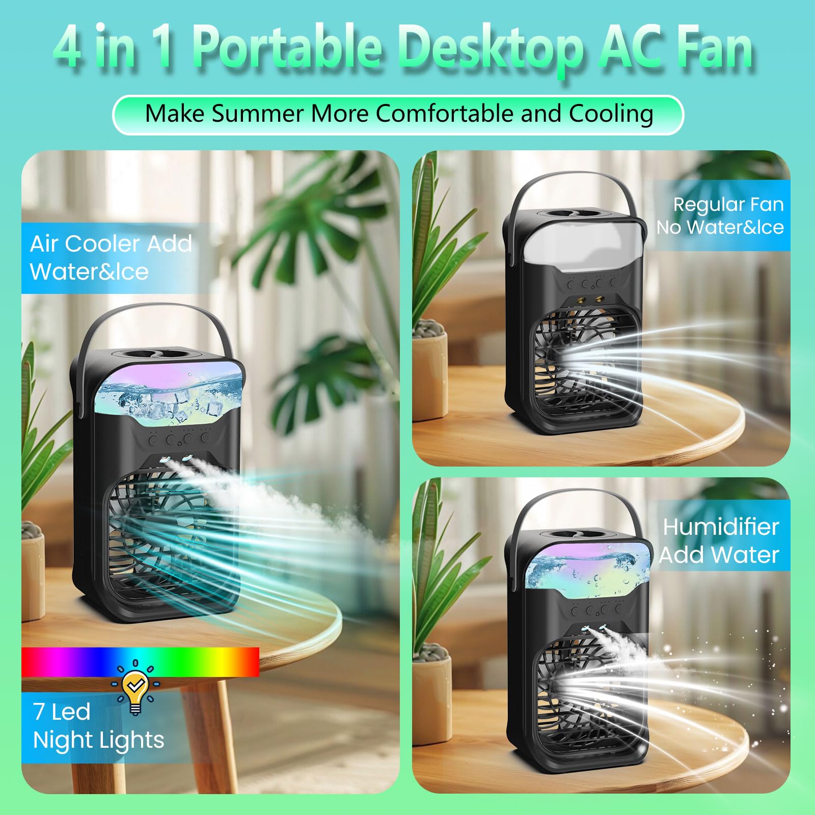 Ifty Small Portable Air Conditioners, Portable Ac Unit W/Remote, 1.5L Water Tank, 3 Speeds, 2 Cool Mist, 3 Timers, 7 Night Light