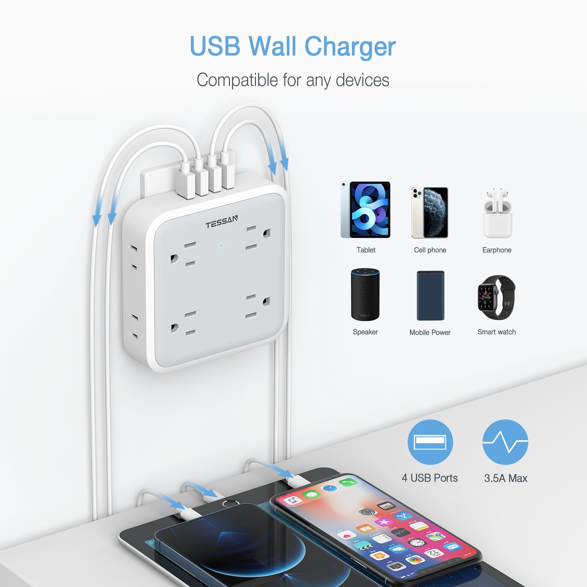 Multi Plug Outlet Extender, Tessan Multiple Outlet Splitter With 4 Usb Wall Charger, Widely Spaced 8 Electrical Plug Expander Su