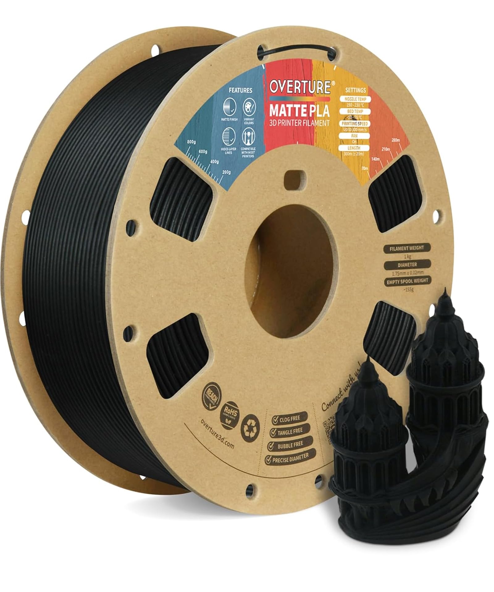 OVERTURE PLA Carbon Fiber 3D Printer Filament 1.75mm, PLA 1kg Cardboard Spool (2.2lbs), Dimensional Accuracy +/- 0.02 mm (Carbon