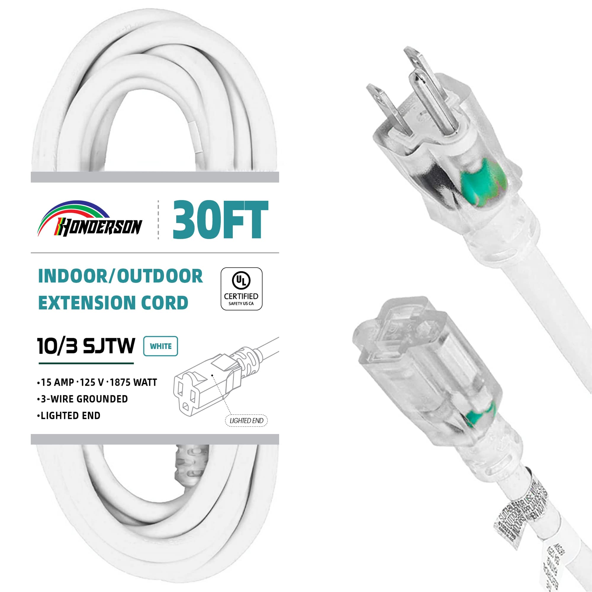 Honderson Indoor Outdoor Extension Cord Weatherproof With Lighted End, Ul Listed, 10 Gauge 30Ft White 3 Prong Heavy Duty Extensi