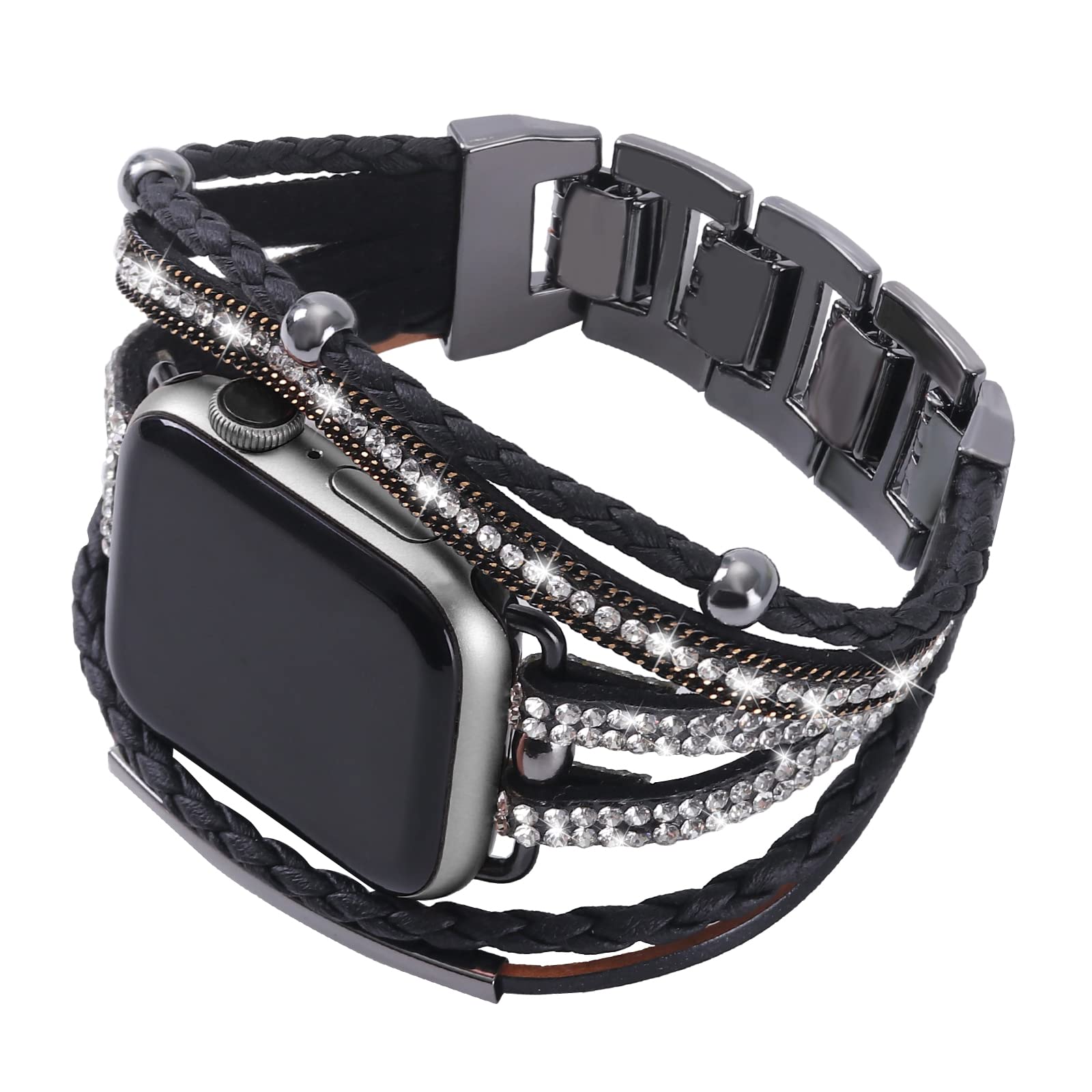 Yoswan Leather Bracelet Compatible With Apple Watch Band 38Mm 40Mm 41Mm Women, Dressy Boho Bling Jewelry Multilayer Wrap Strap F