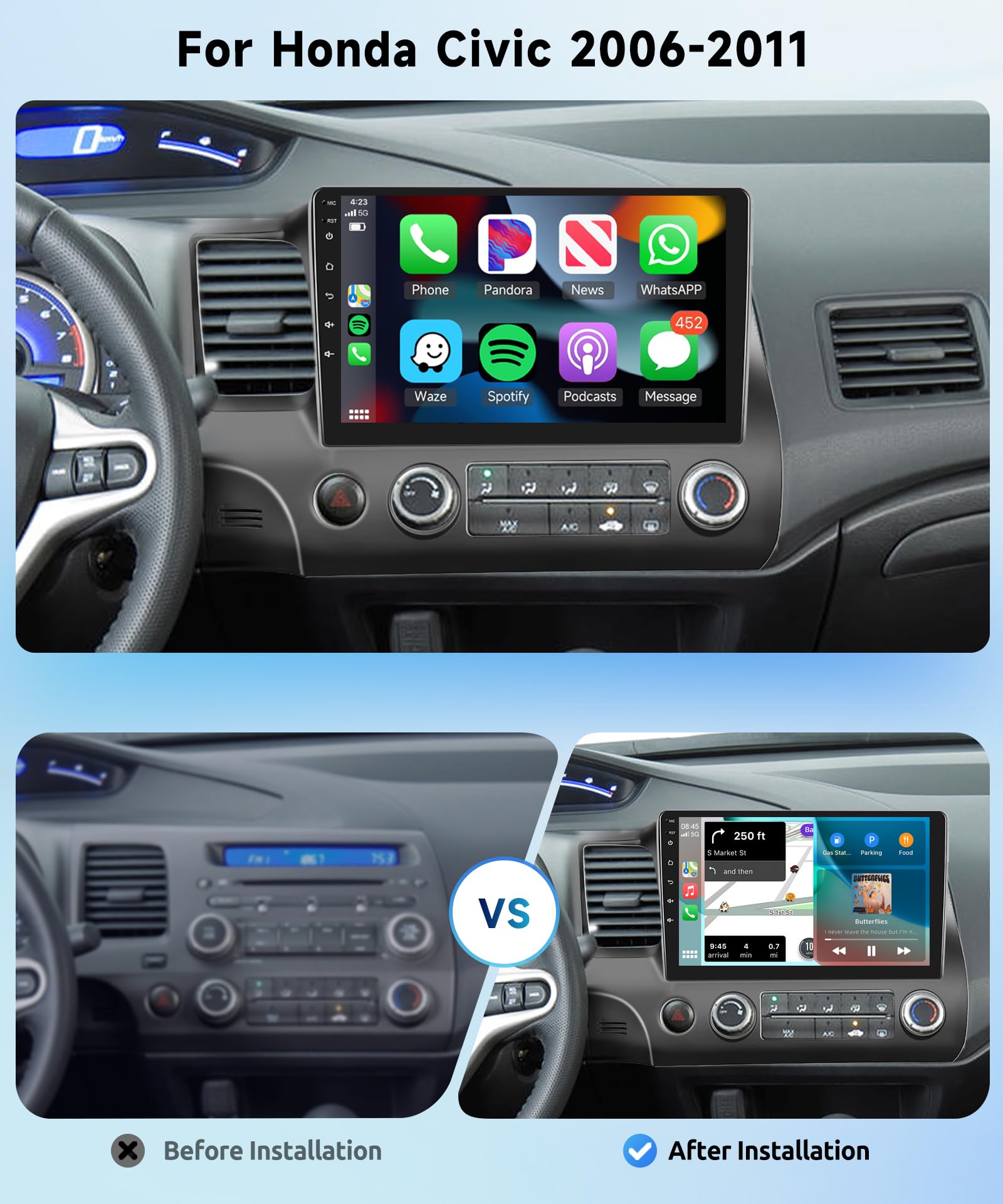 For Honda Civic 2006 2011 Wireless Carplay Android Car Stereo Support Wireless Android Auto With Wifi Gps Navigation Ahd Backup Camera Fm Rds Radio Receiver Eq Hifi Steering Wheel Controls