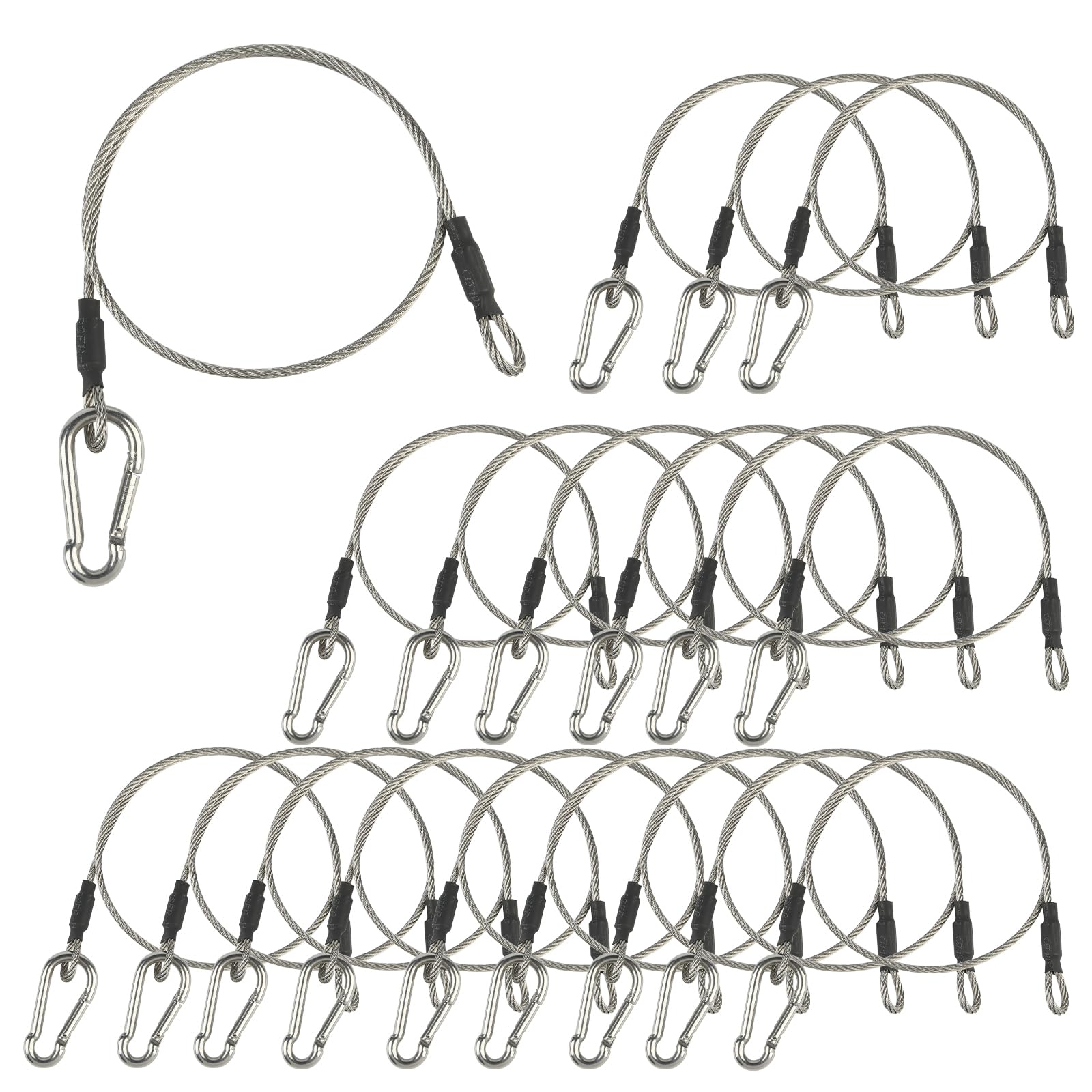 LAICCUM 1/8 Stage Light Cables 20 Pack, 2ft Safety Cables with Carabiner Lock for DJ Light Equipments, Stainless Steel Wire Rope