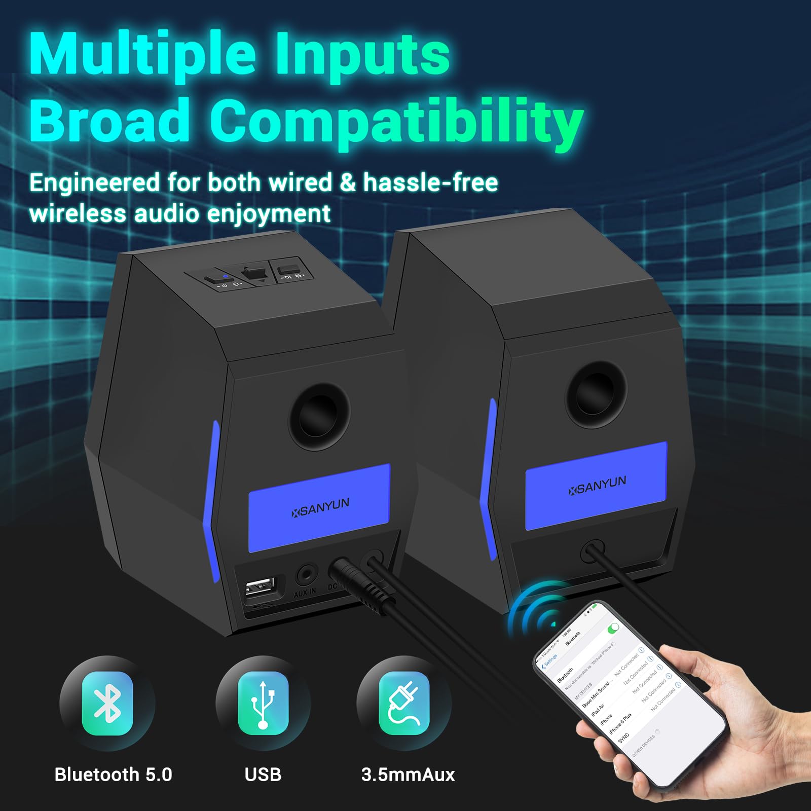 Sanyun Sw209 3'' 36W Computer Gaming Pc Speakers   Built In 24Bit Dac Dynamic 3D Surround Sound   Bluetooth Usb 3.5Mm Aux Inputs