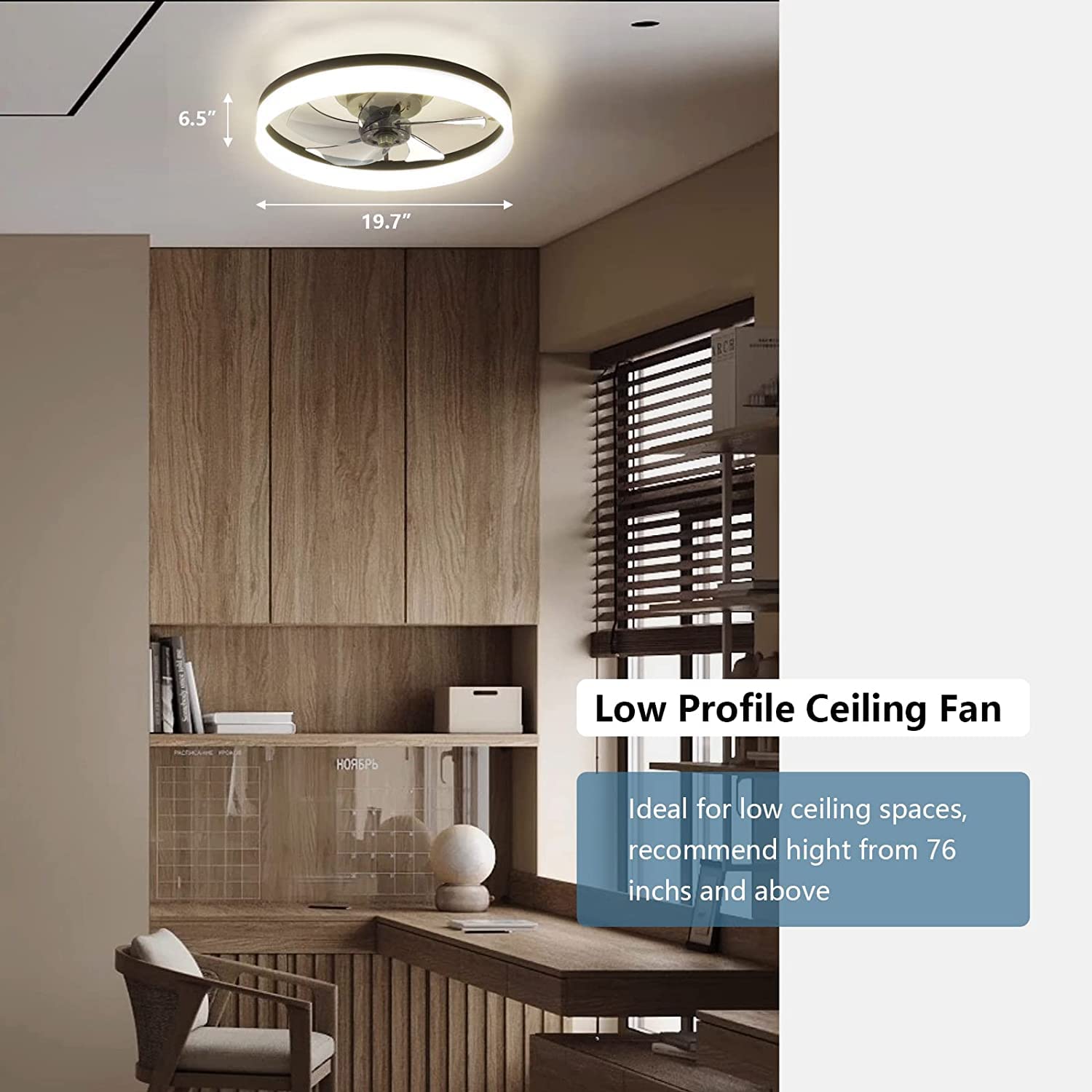 19.6'' Ceiling Fans With Lights, Semi Enclosed Flush Mount Low Profile Ceiling Fan For Safe Use, 6 Speeds, Reversible, Led Dimma